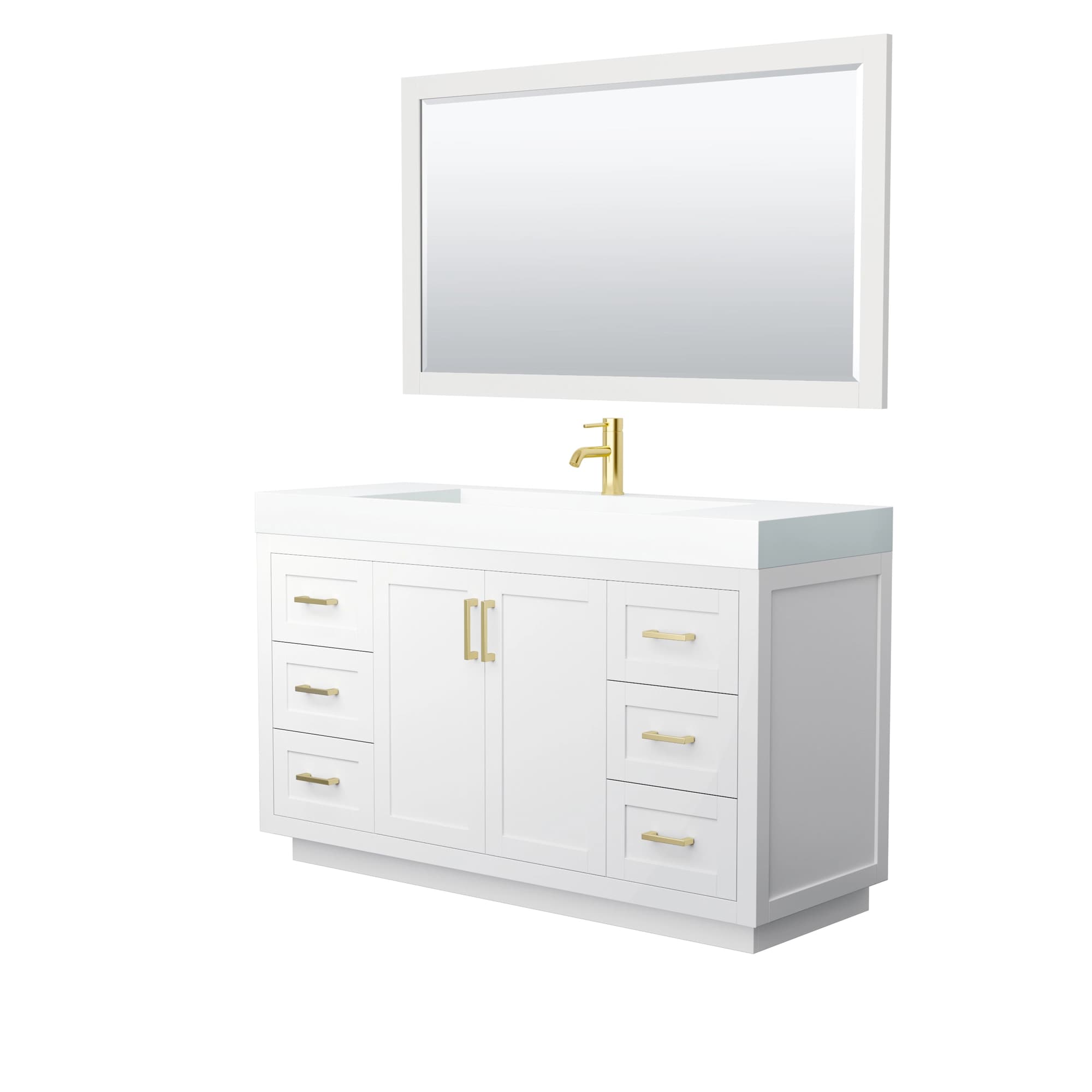 Miranda 60 Inch Single Bathroom Vanity in White, 4 Inch Thick Matte White Solid Surface Countertop, Integrated Sink, Brushed Gold Trim, 58 Inch Mirror material
