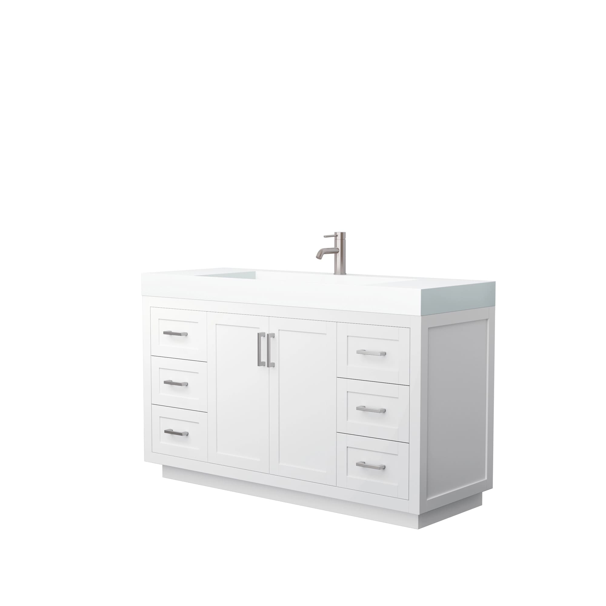Miranda 60 Inch Single Bathroom Vanity in White, 4 Inch Thick Matte White Solid Surface Countertop, Integrated Sink, Brushed Nickel Trim material