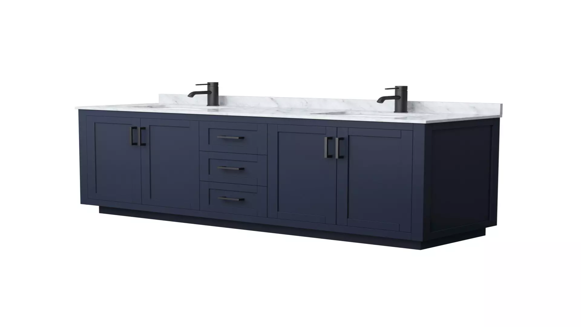 Miranda 72 Inch Double Bathroom Vanity in Dark Blue, White Carrara Marble Countertop, Undermount Square Sinks, Matte Black Trim material