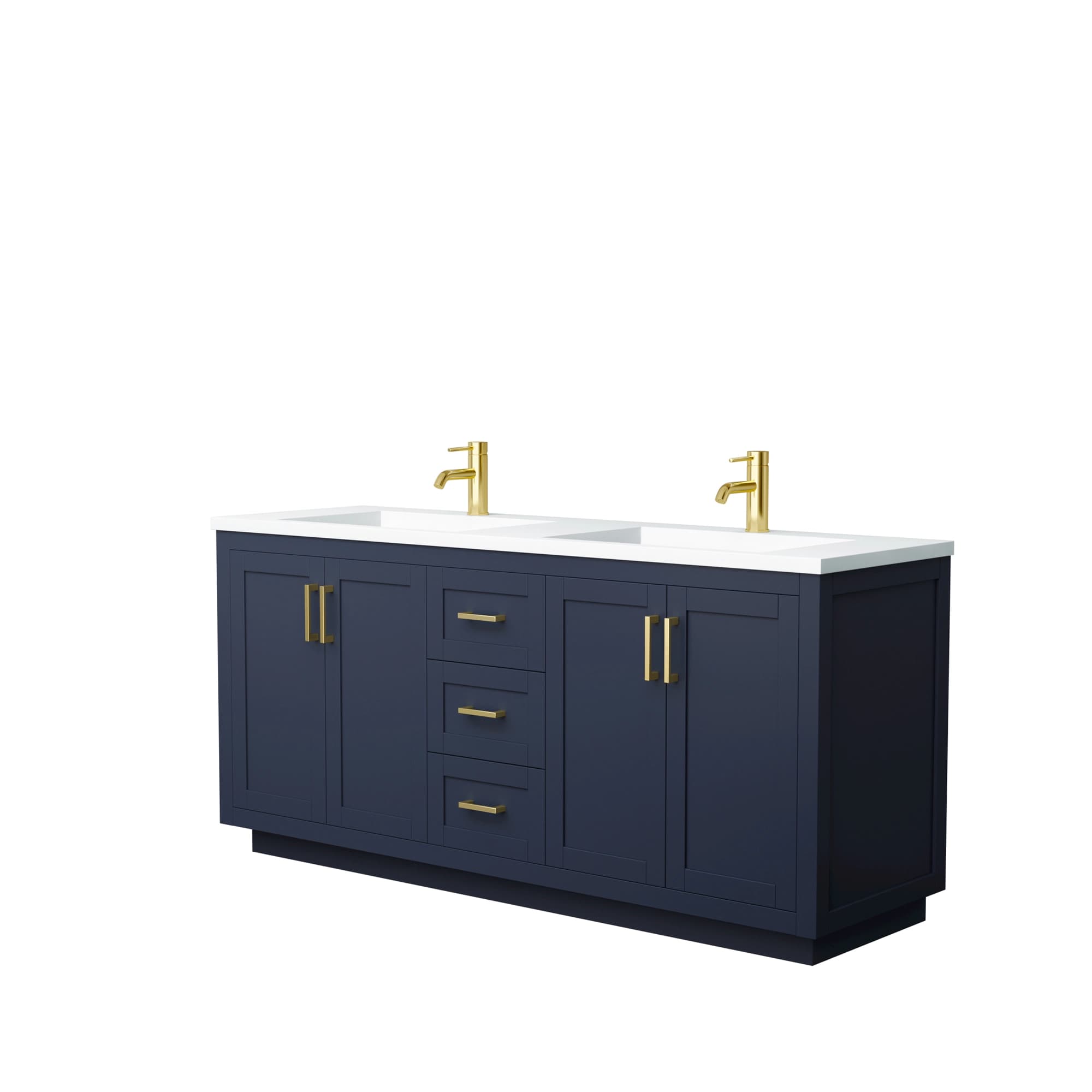 Miranda 72 Inch Double Bathroom Vanity in Dark Blue, 1.25 Inch Thick Matte White Solid Surface Countertop, Integrated Sinks, Brushed Gold Trim material