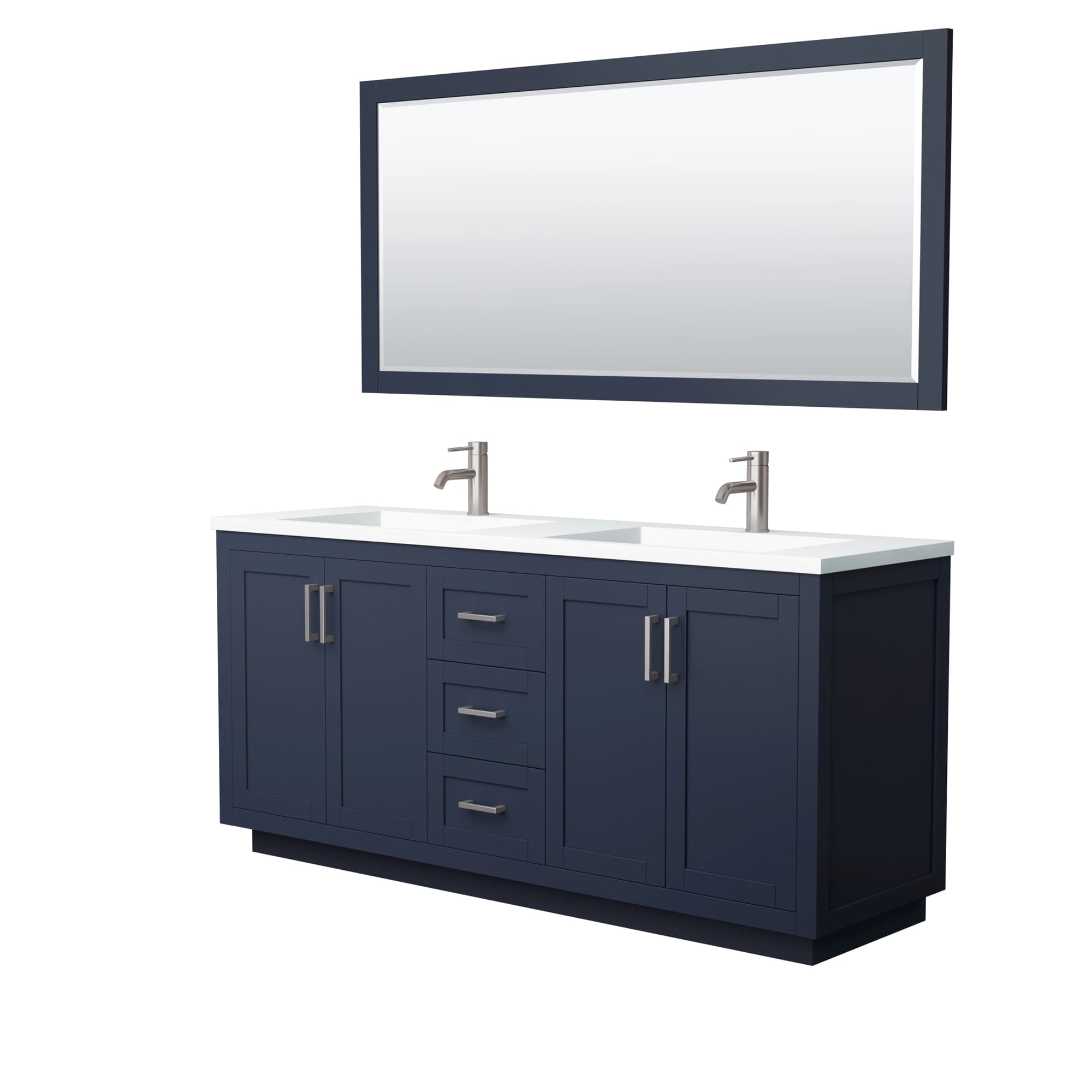Miranda 72 Inch Double Bathroom Vanity in Dark Blue, 1.25 Inch Thick Matte White Solid Surface Countertop, Integrated Sinks, Brushed Nickel Trim, 70 Inch Mirror material