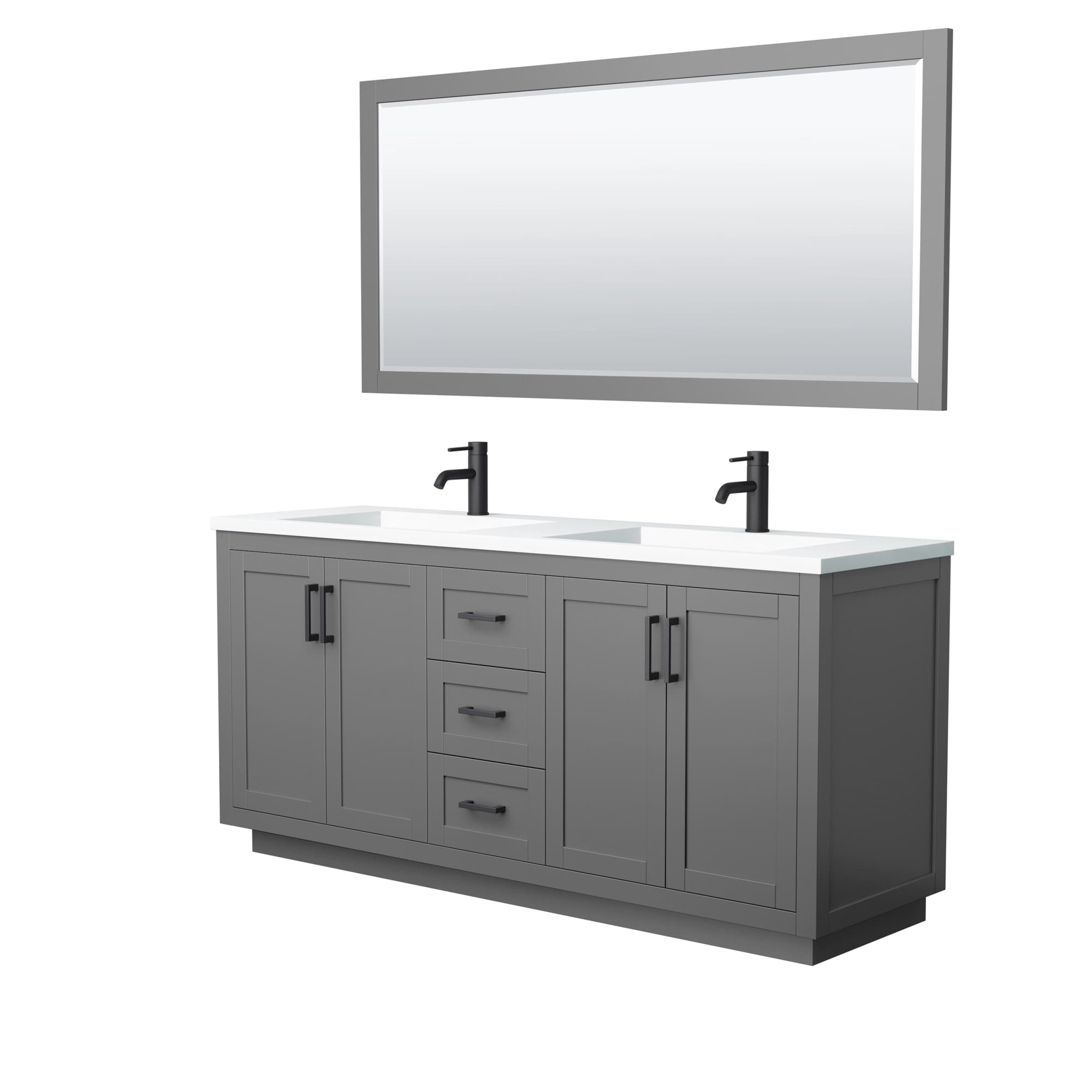 Miranda 72 Inch Double Bathroom Vanity in Dark Gray, 1.25 Inch Thick Matte White Solid Surface Countertop, Integrated Sinks, Matte Black Trim, 70 Inch Mirror material