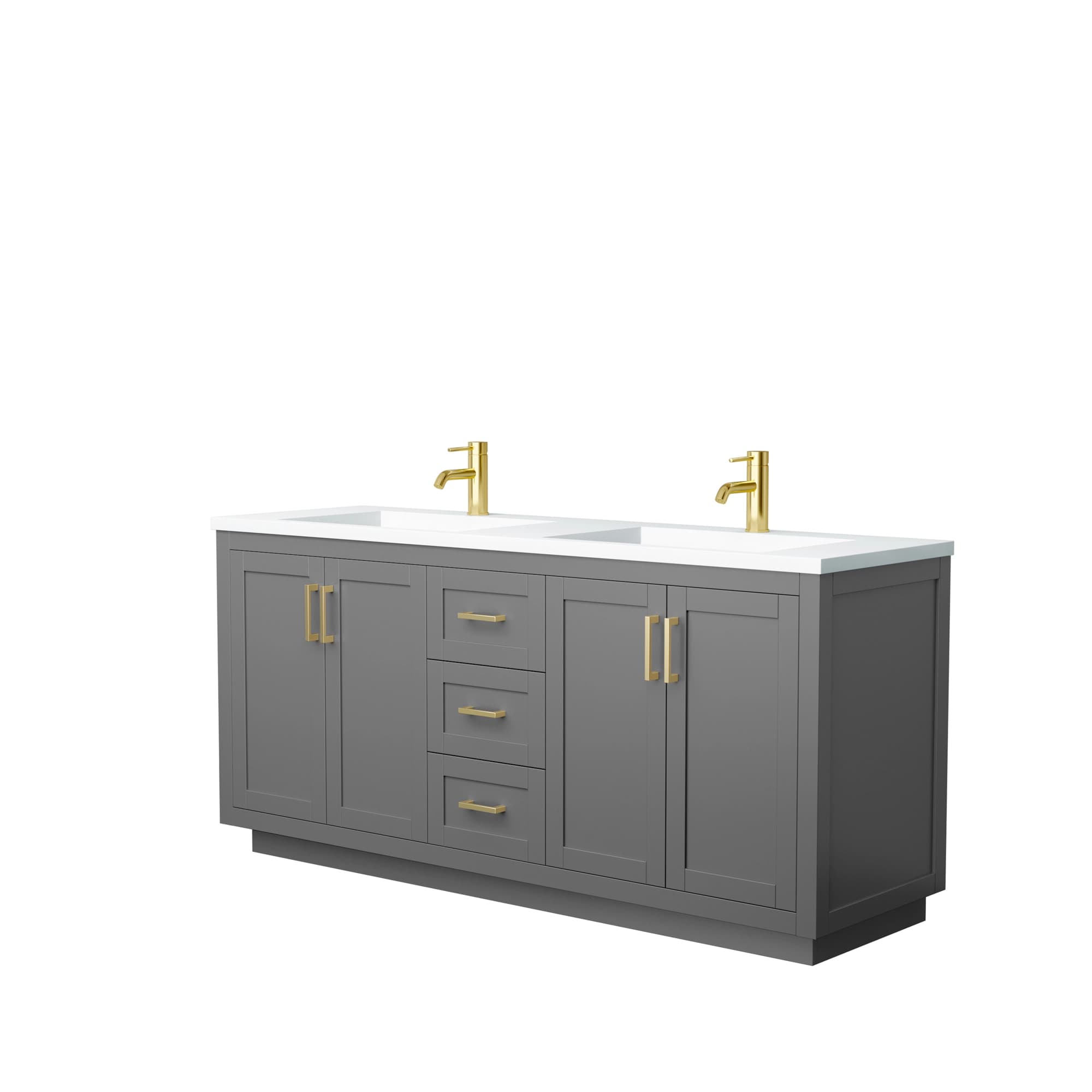 Miranda 72 Inch Double Bathroom Vanity in Dark Gray, 1.25 Inch Thick Matte White Solid Surface Countertop, Integrated Sinks, Brushed Gold Trim material