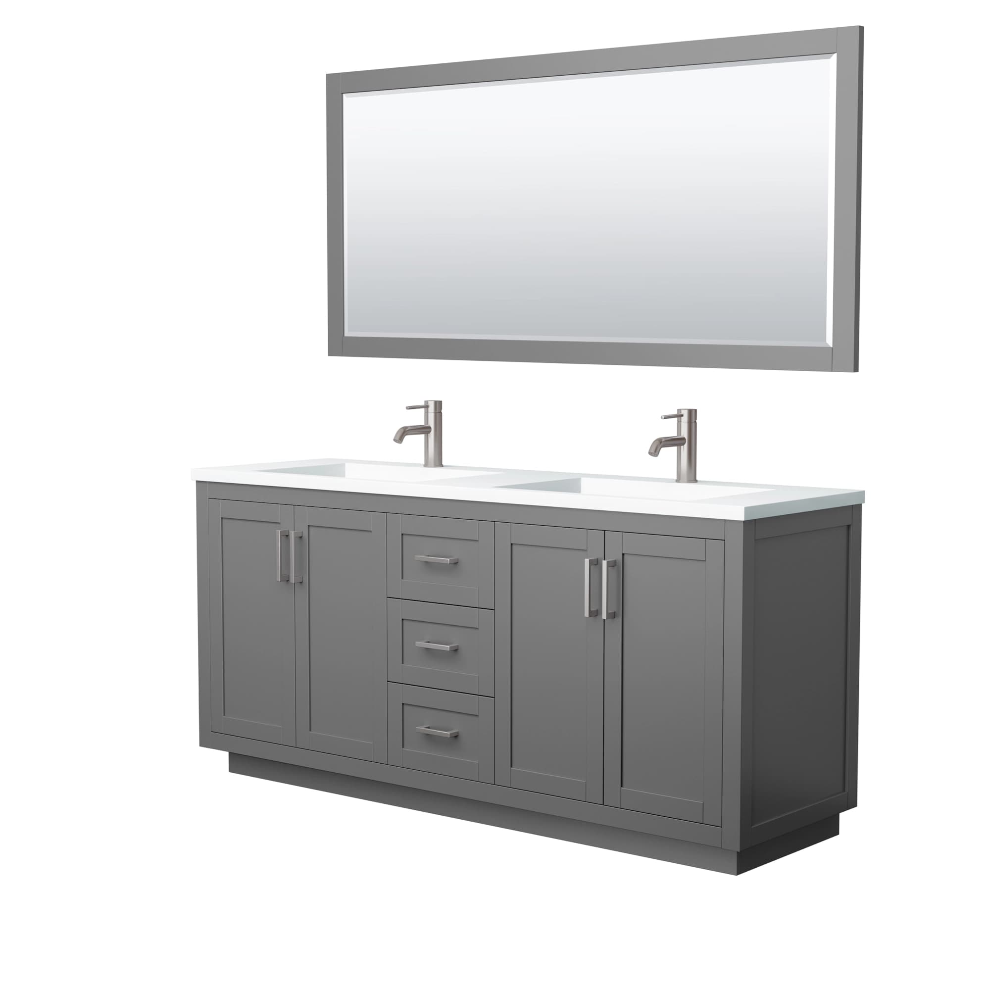 Miranda 72 Inch Double Bathroom Vanity in Dark Gray, 1.25 Inch Thick Matte White Solid Surface Countertop, Integrated Sinks, Brushed Nickel Trim, 70 Inch Mirror material