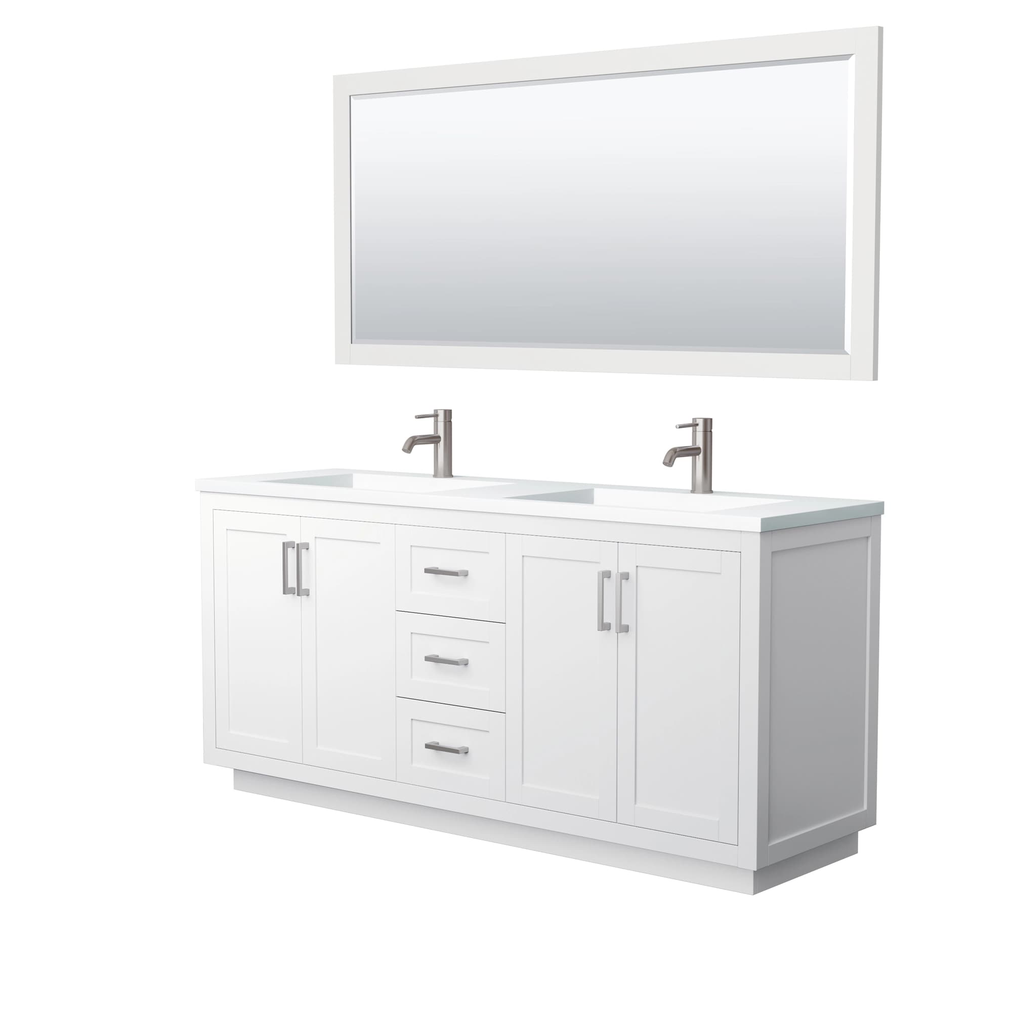 Miranda 72 Inch Double Bathroom Vanity in White, 1.25 Inch Thick Matte White Solid Surface Countertop, Integrated Sinks, Brushed Nickel Trim, 70 Inch Mirror material