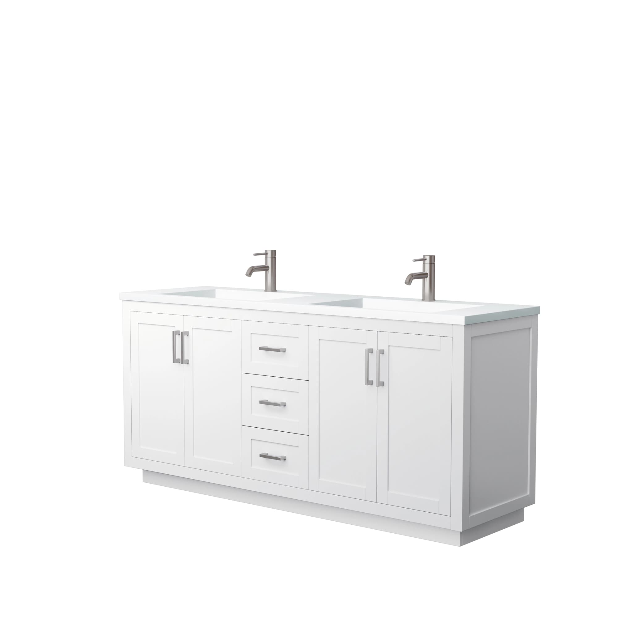 Miranda 72 Inch Double Bathroom Vanity in White, 1.25 Inch Thick Matte White Solid Surface Countertop, Integrated Sinks, Brushed Nickel Trim material