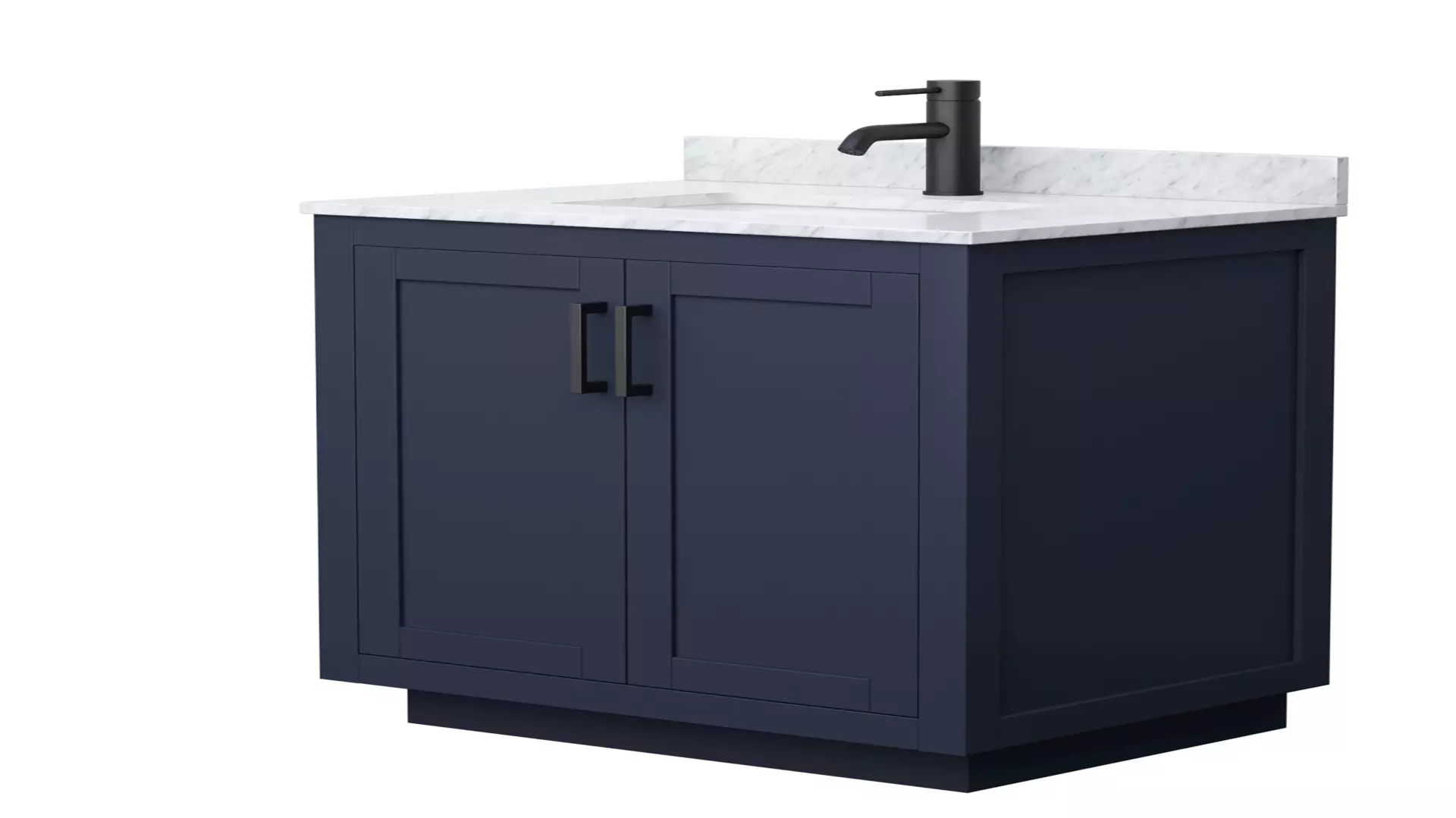 Miranda 30 Inch Single Bathroom Vanity in Dark Blue, White Carrara Marble Countertop, Undermount Square Sink, Matte Black Trim material