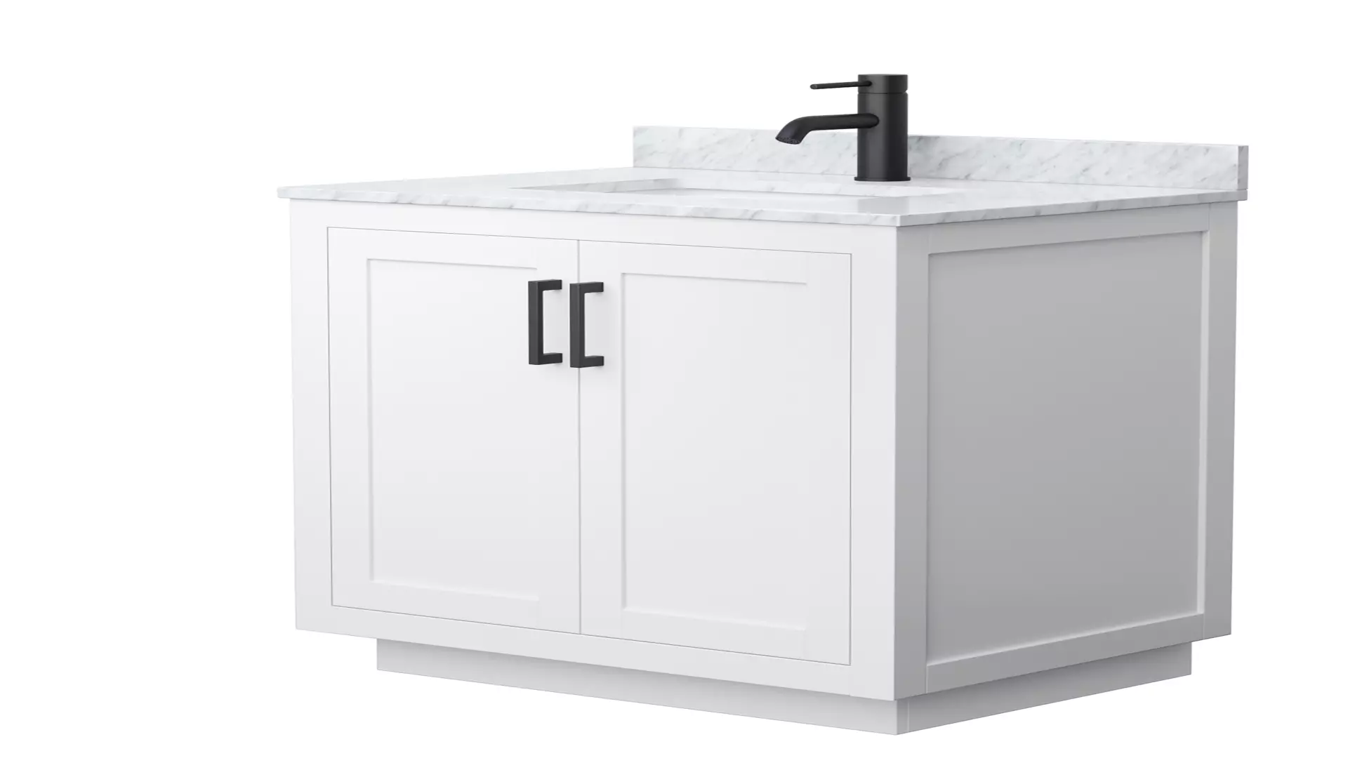 Miranda 30 Inch Single Bathroom Vanity in White, White Carrara Marble Countertop, Undermount Square Sink, Matte Black Trim material
