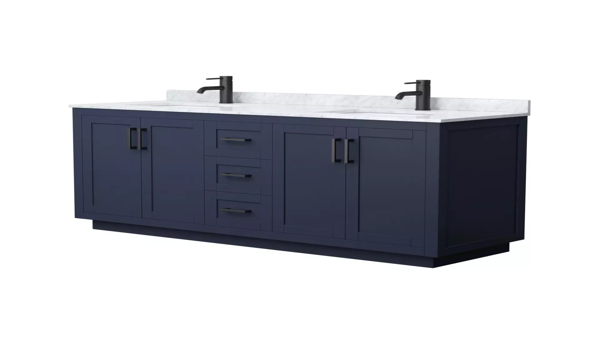 Miranda 66 Inch Double Bathroom Vanity in Dark Blue, White Carrara Marble Countertop, Undermount Square Sinks, Matte Black Trim material