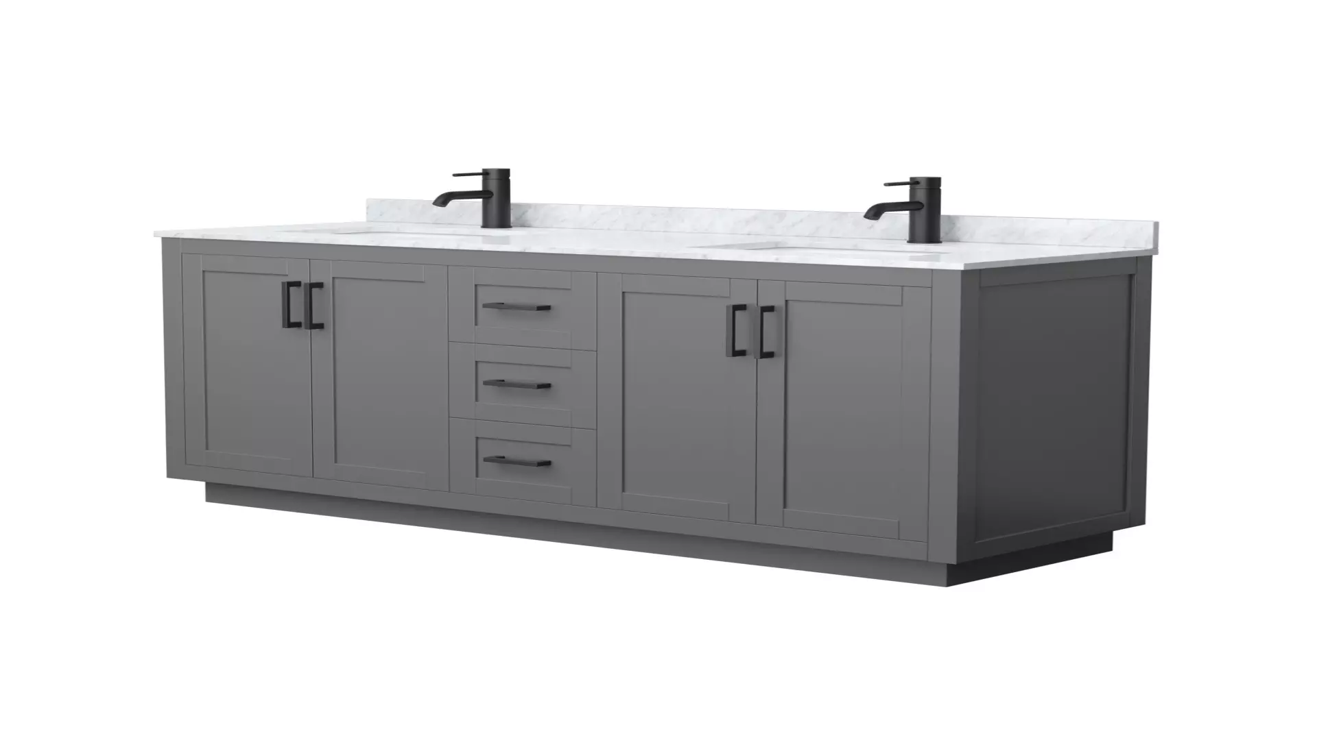 Miranda 66 Inch Double Bathroom Vanity in Dark Gray, White Carrara Marble Countertop, Undermount Square Sinks, Matte Black Trim material