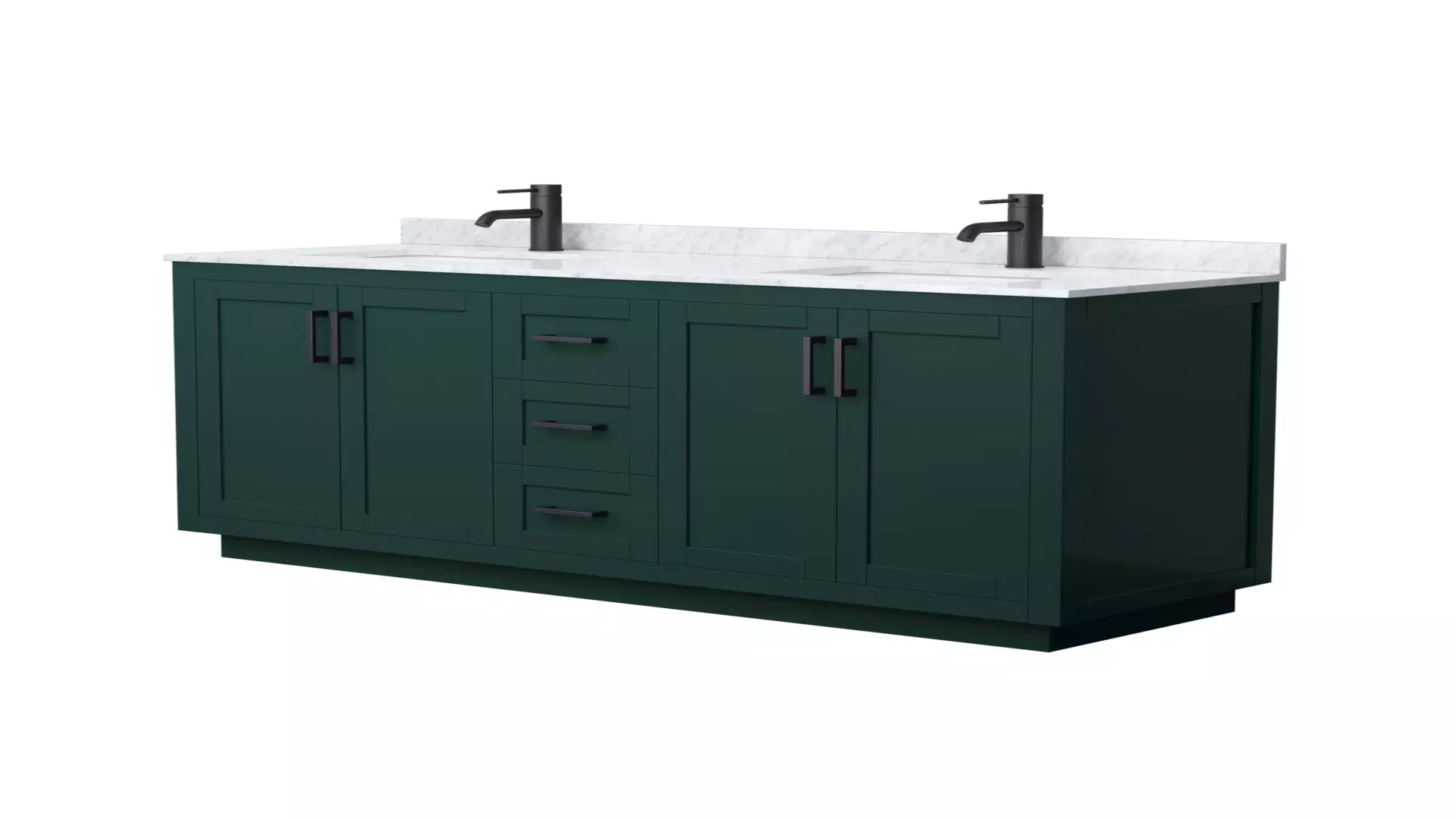 Miranda 66 Inch Double Bathroom Vanity in Green, White Carrara Marble Countertop, Undermount Square Sinks, Matte Black Trim material