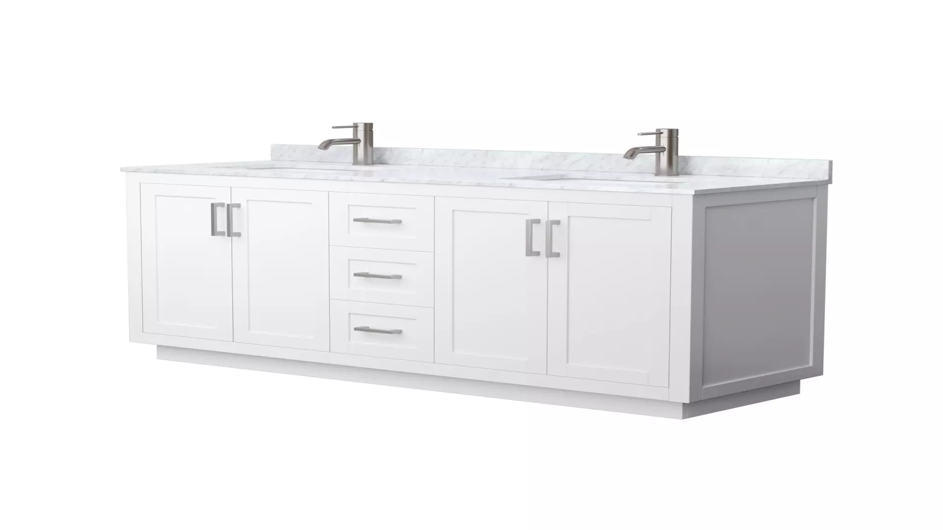 Miranda 66 Inch Double Bathroom Vanity in White, White Carrara Marble Countertop, Undermount Square Sinks, Brushed Nickel Trim material