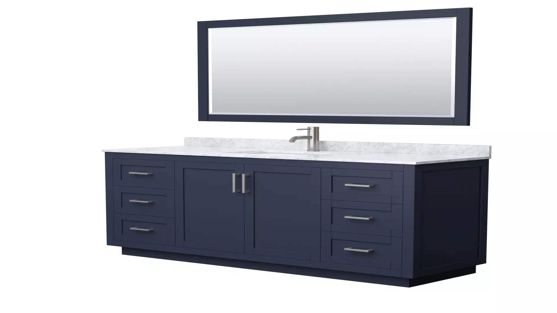 Miranda 66 Inch Single Bathroom Vanity in Dark Blue, White Carrara Marble Countertop, Undermount Square Sink, Brushed Nickel Trim, 58 Inch Mirror material