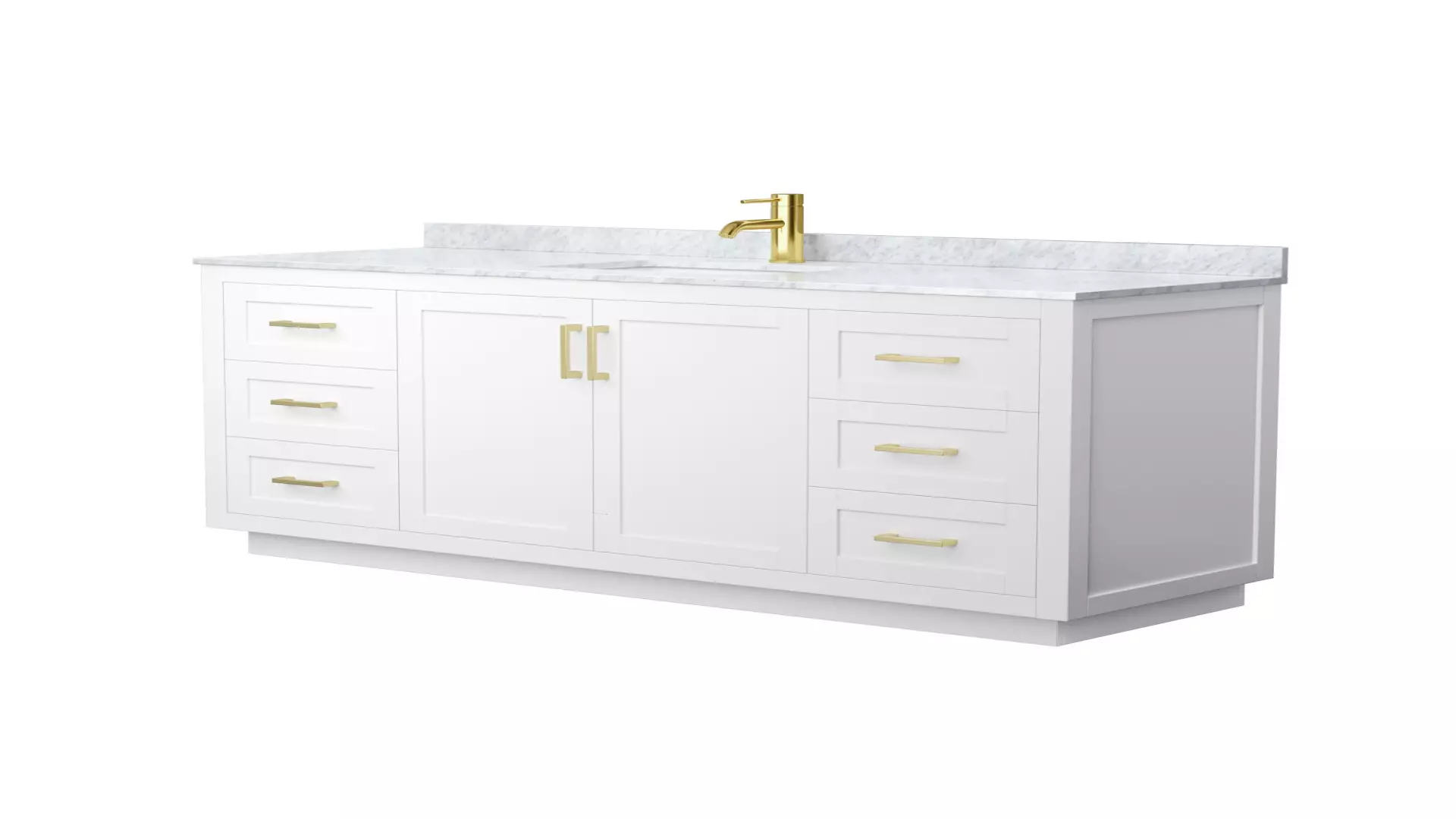 Miranda 66 Inch Single Bathroom Vanity in White, White Carrara Marble Countertop, Undermount Square Sink, Brushed Gold Trim material