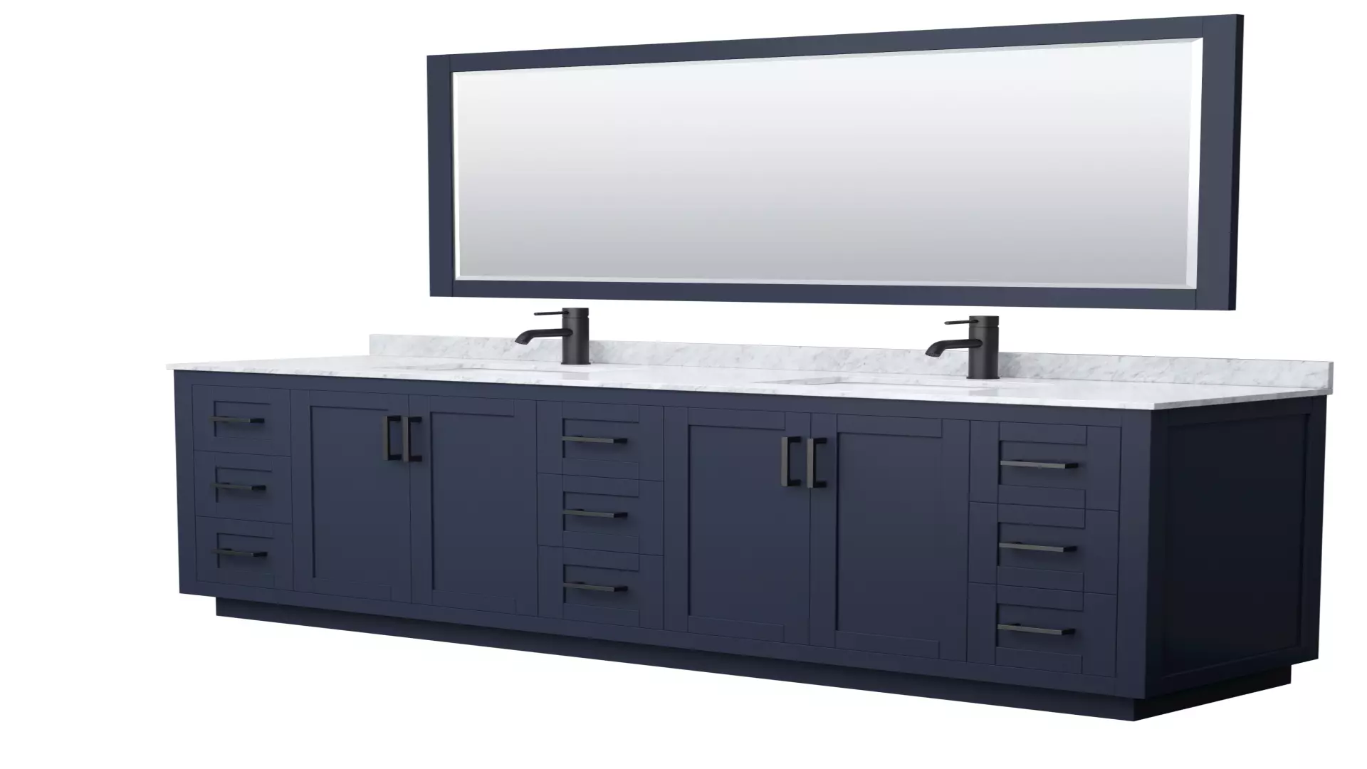 Miranda 84 Inch Double Bathroom Vanity in Dark Blue, White Carrara Marble Countertop, Undermount Square Sinks, Matte Black Trim, 70 Inch Mirror material