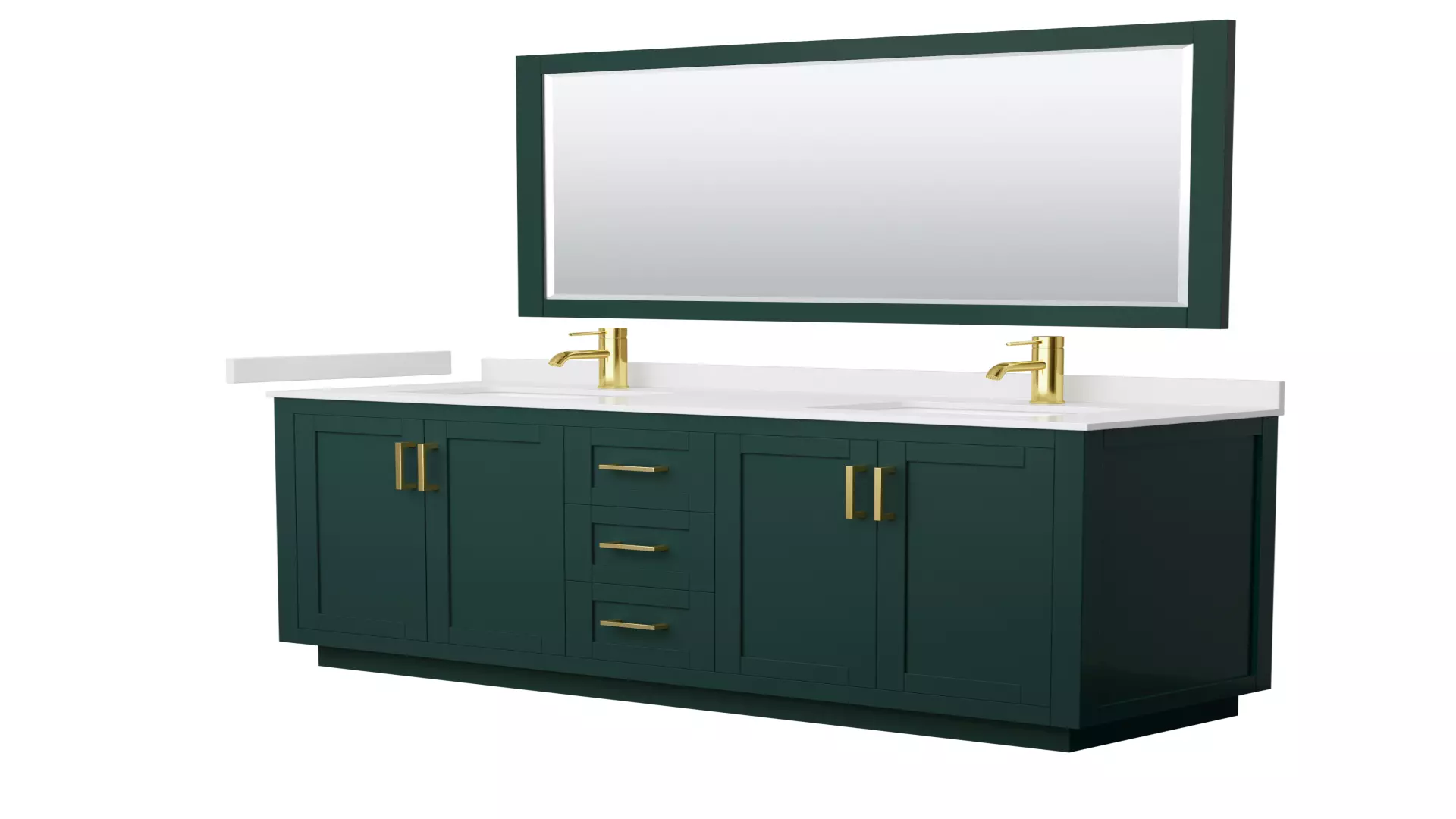 Miranda 66 Inch Double Bathroom Vanity in Green, White Cultured Marble Countertop, Undermount Square Sinks, Brushed Gold Trim, 58 Inch Mirror material