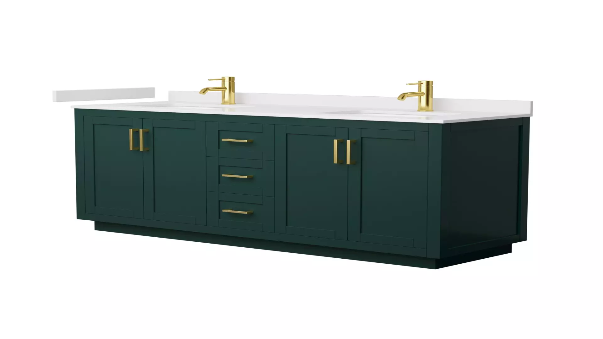 Miranda 66 Inch Double Bathroom Vanity in Green, White Cultured Marble Countertop, Undermount Square Sinks, Brushed Gold Trim material