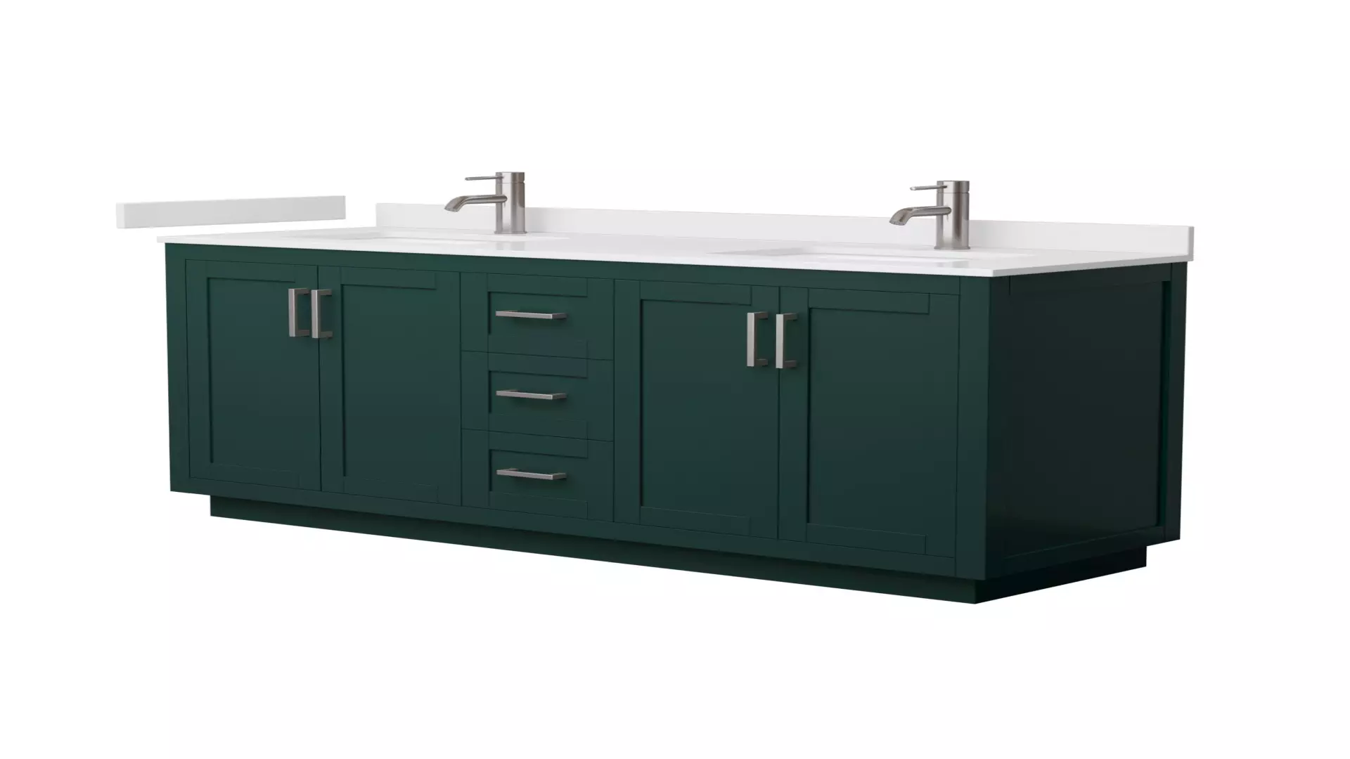 Miranda 66 Inch Double Bathroom Vanity in Green, White Cultured Marble Countertop, Undermount Square Sinks, Brushed Nickel Trim material