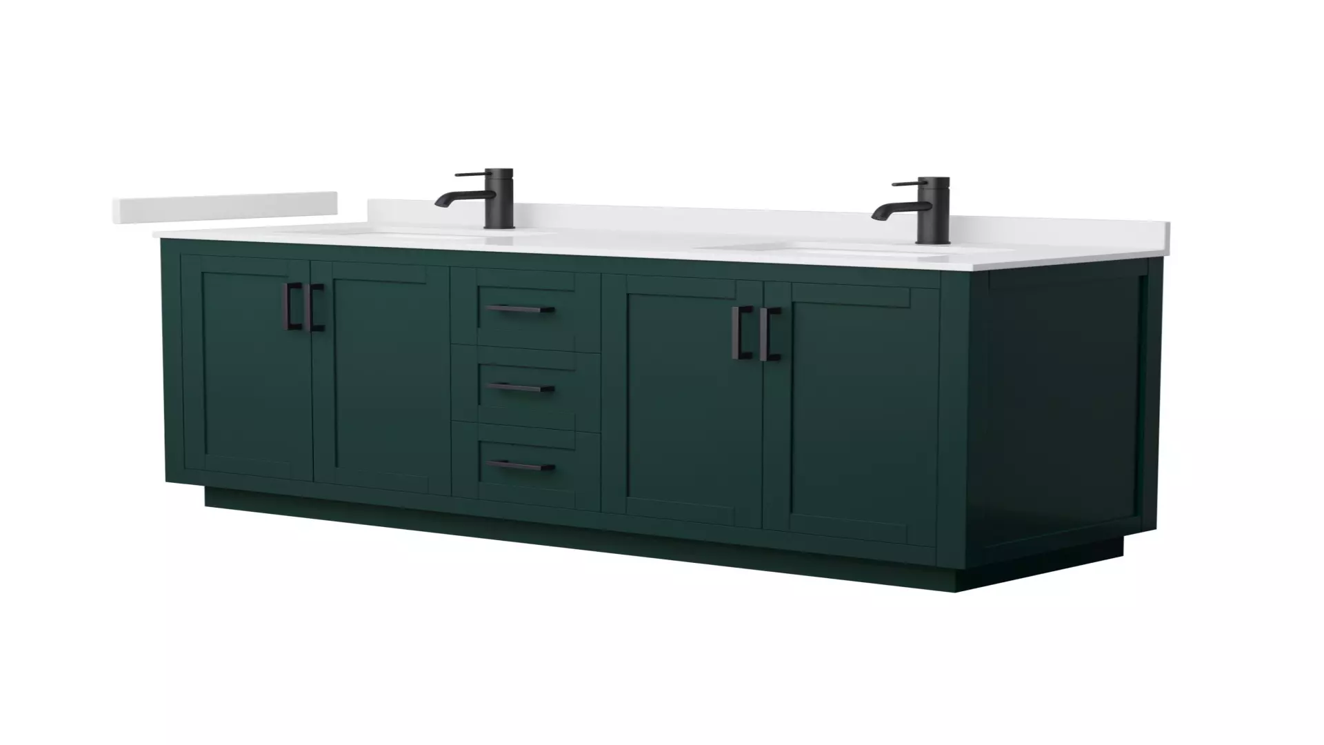 Miranda 66 Inch Double Bathroom Vanity in Green, White Cultured Marble Countertop, Undermount Square Sinks, Matte Black Trim material