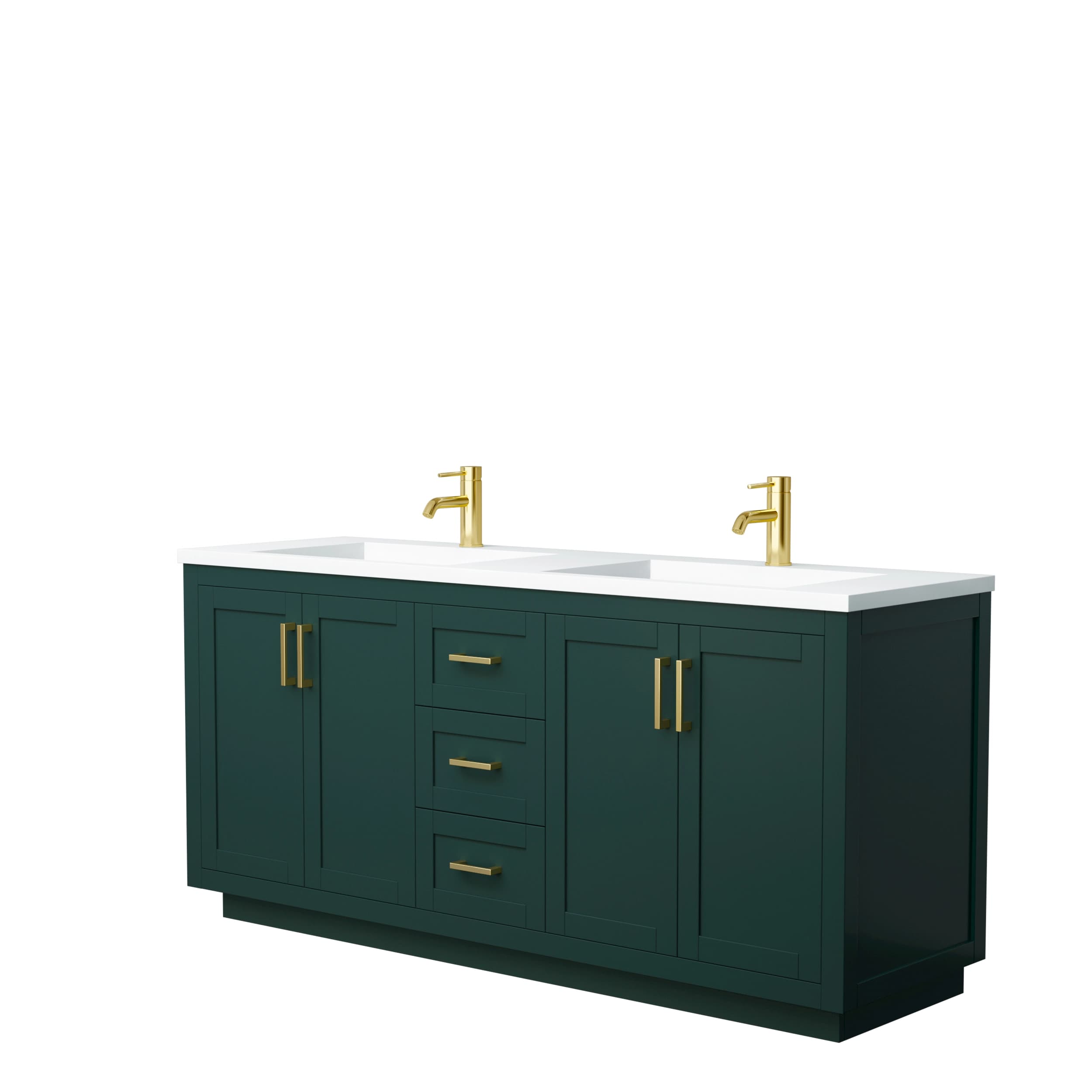 Miranda 72 Inch Double Bathroom Vanity in Green, 1.25 Inch Thick Matte White Solid Surface Countertop, Integrated Sinks, Brushed Gold Trim material