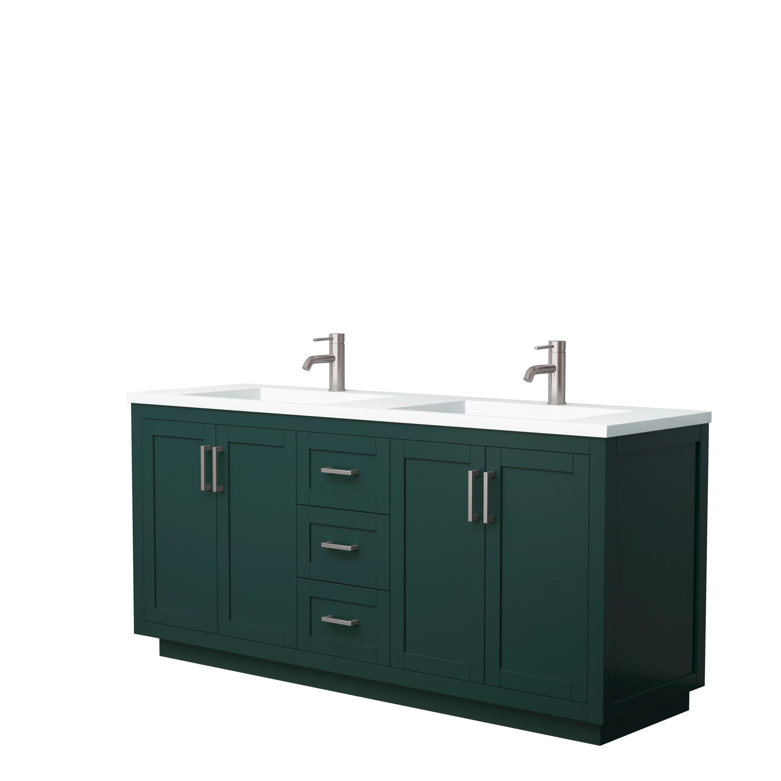 Miranda 72 Inch Double Bathroom Vanity in Green, 1.25 Inch Thick Matte White Solid Surface Countertop, Integrated Sinks, Brushed Nickel Trim material