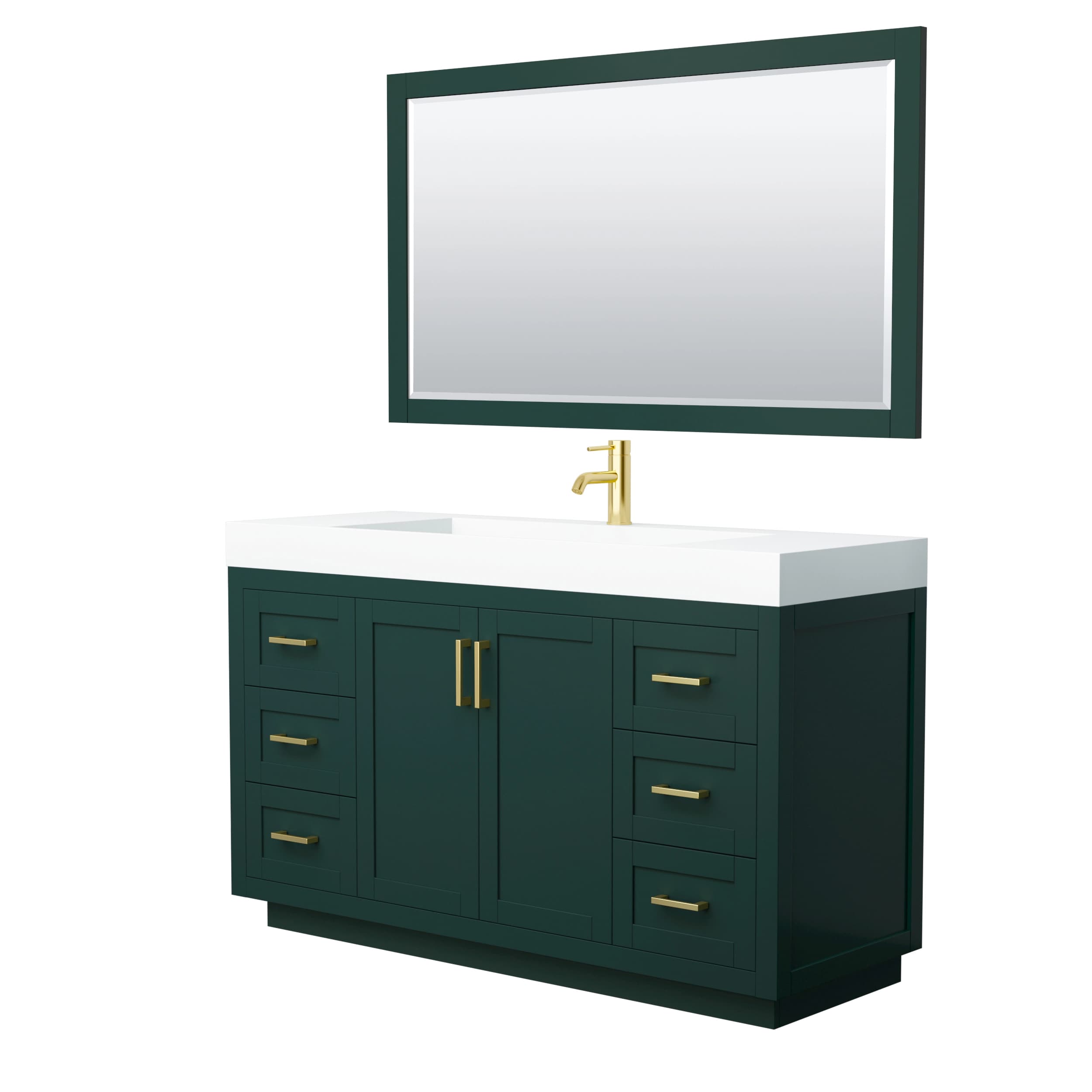 Miranda 60 Inch Single Bathroom Vanity in Green, 4 Inch Thick Matte White Solid Surface Countertop, Integrated Sink, Brushed Gold Trim, 58 Inch Mirror material