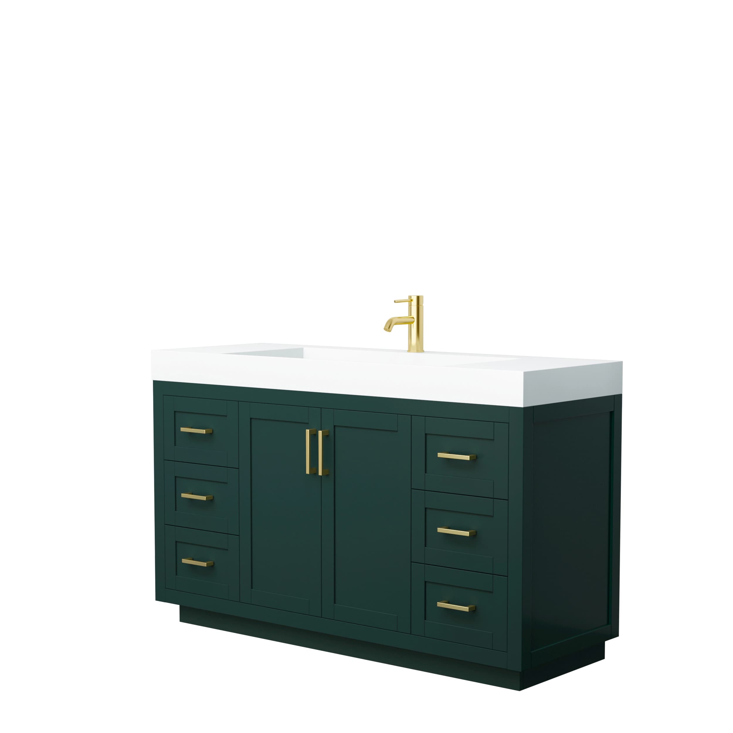 Miranda 60 Inch Single Bathroom Vanity in Green, 4 Inch Thick Matte White Solid Surface Countertop, Integrated Sink, Brushed Gold Trim material