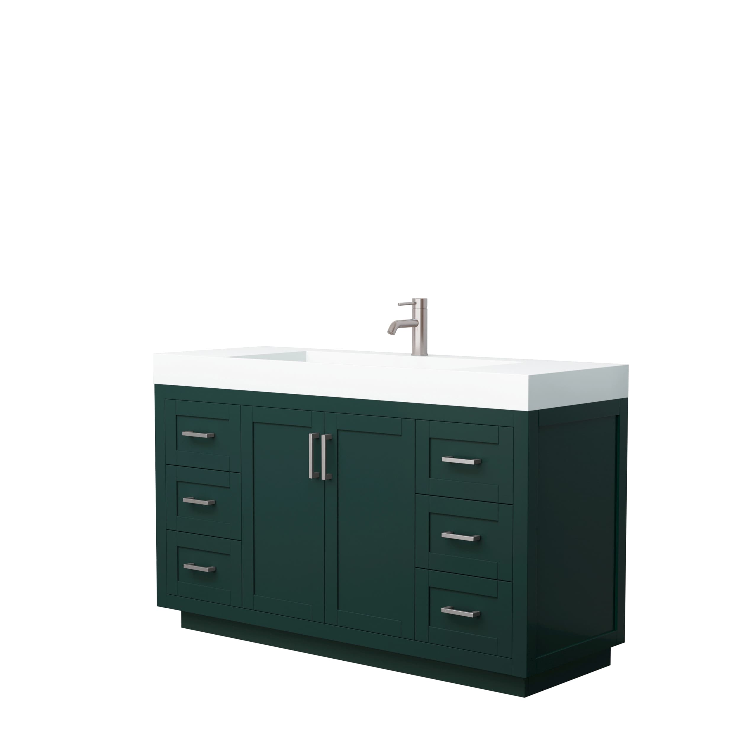 Miranda 60 Inch Single Bathroom Vanity in Green, 4 Inch Thick Matte White Solid Surface Countertop, Integrated Sink, Brushed Nickel Trim material