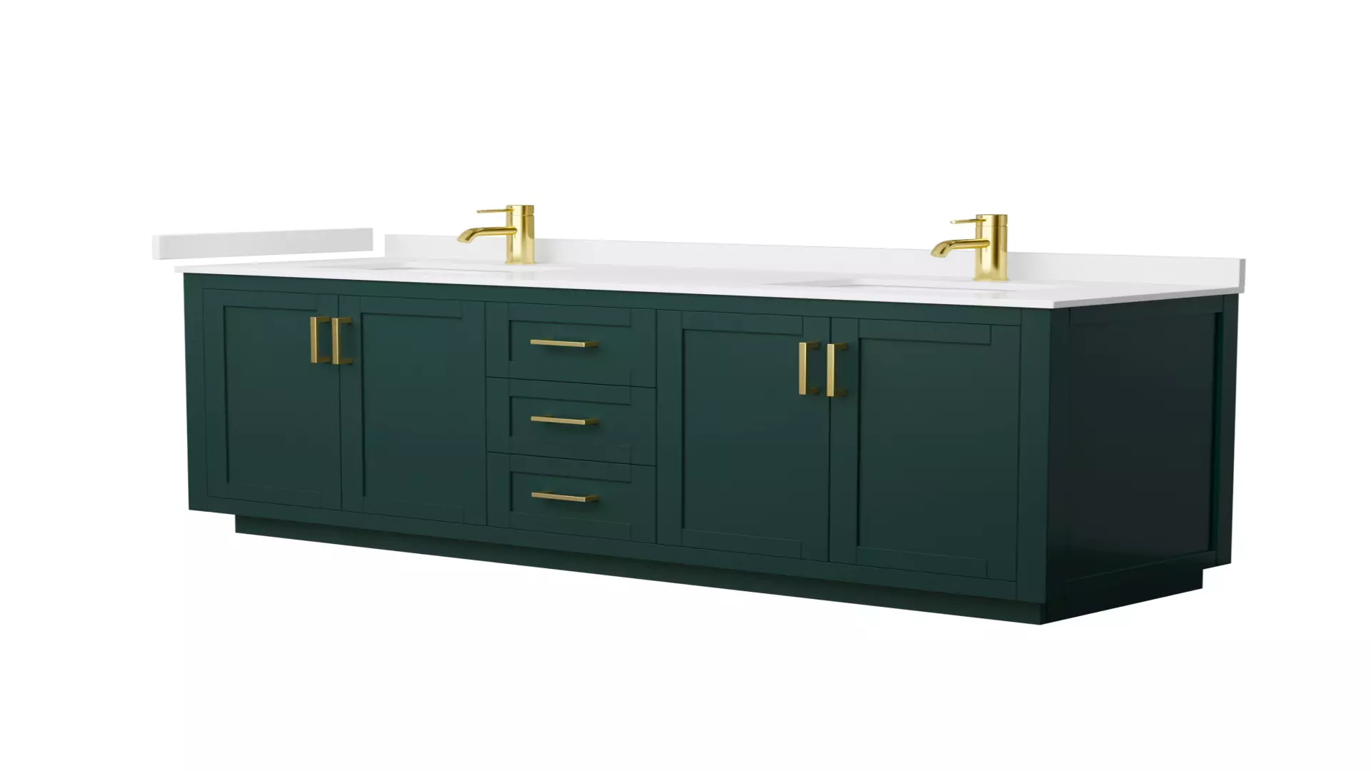Miranda 72 Inch Double Bathroom Vanity in Green, White Cultured Marble Countertop, Undermount Square Sinks, Brushed Gold Trim material