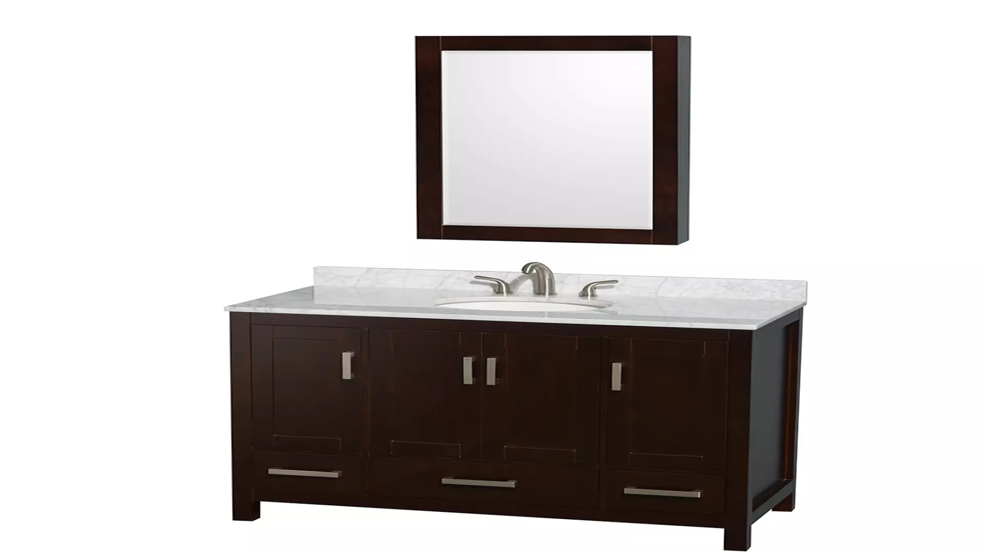 Sheffield 48 Inch Single Bathroom Vanity in Espresso, White Carrara Marble Countertop, Undermount Oval Sink, and Medicine Cabinet material
