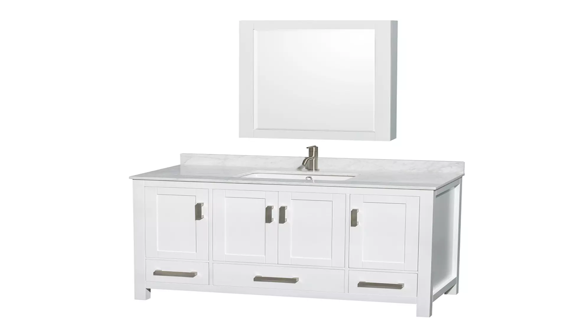Sheffield 48 Inch Single Bathroom Vanity in White, White Carrara Marble Countertop, Undermount Square Sink, and Medicine Cabinet material