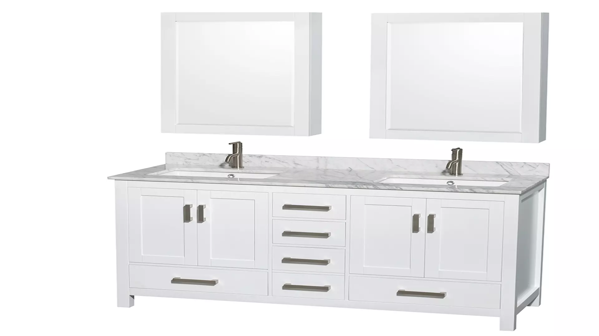 Sheffield 60 Inch Double Bathroom Vanity in White, White Carrara Marble Countertop, Undermount Square Sinks, and Medicine Cabinets material