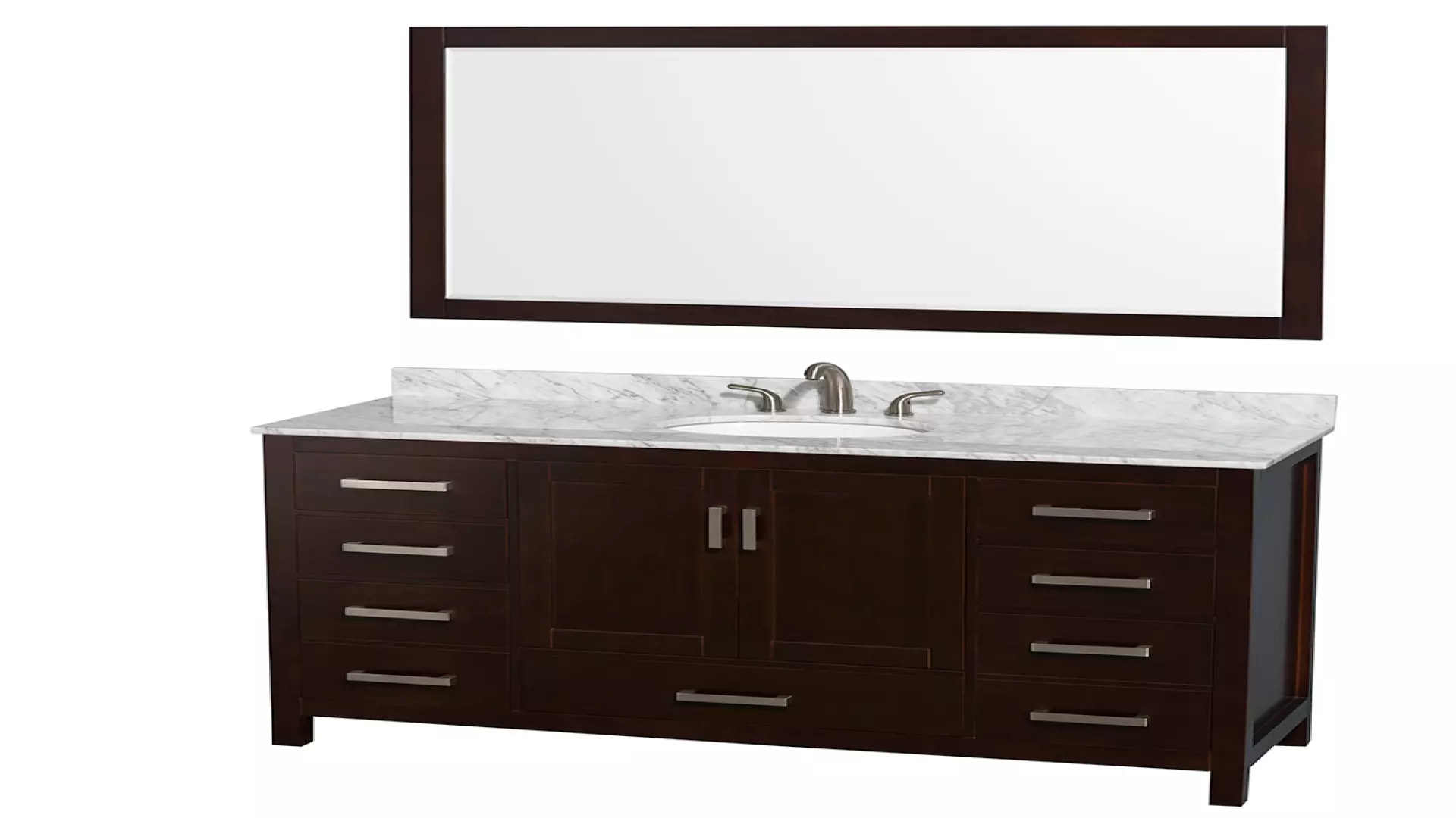 Sheffield 60 Inch Single Bathroom Vanity in Espresso, White Carrara Marble Countertop, Undermount Oval Sink, and 58 Inch Mirror material