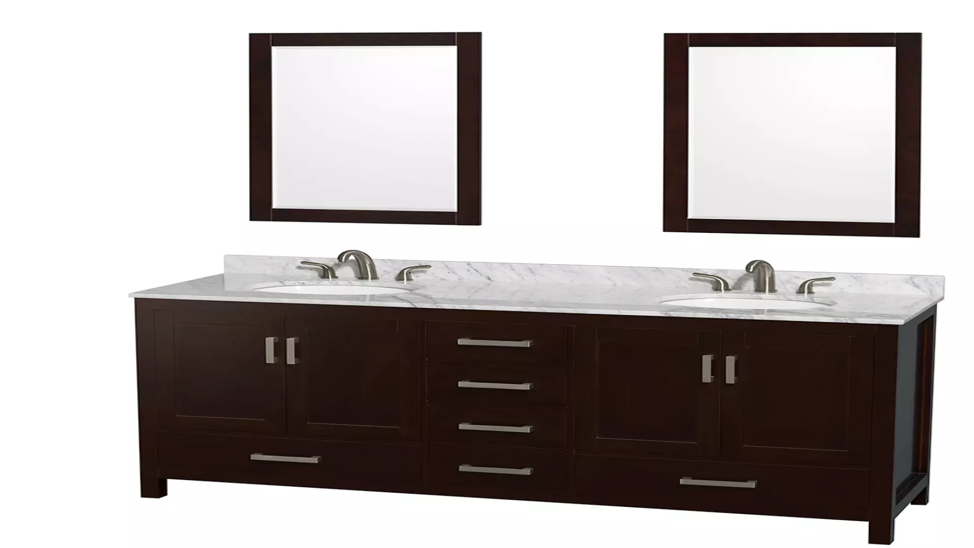 Sheffield 72 Inch Double Bathroom Vanity in Espresso, White Carrara Marble Countertop, Undermount Oval Sinks, and 24 Inch Mirrors material