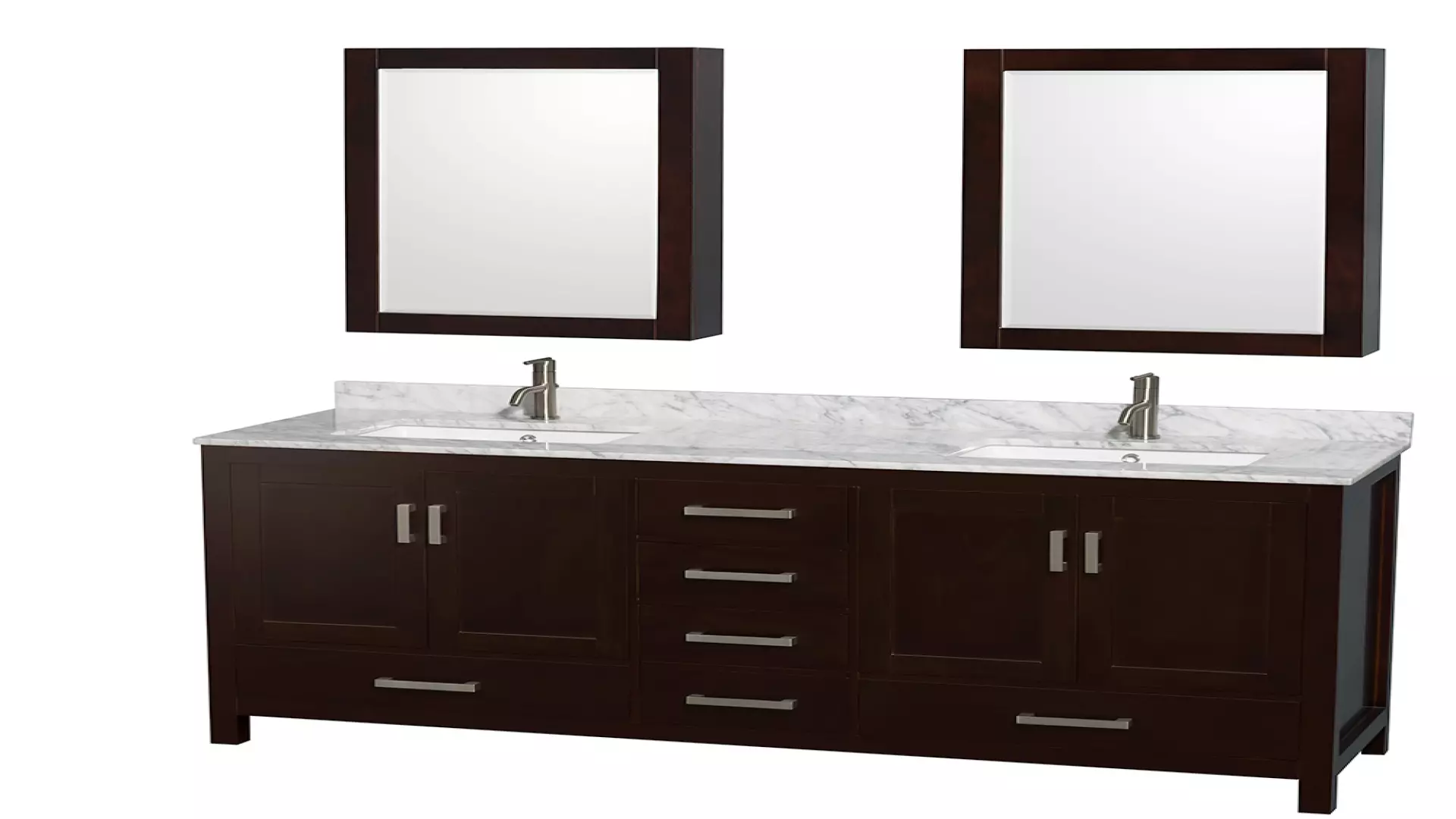 Sheffield 72 Inch Double Bathroom Vanity in Espresso, White Carrara Marble Countertop, Undermount Square Sinks, and Medicine Cabinets material