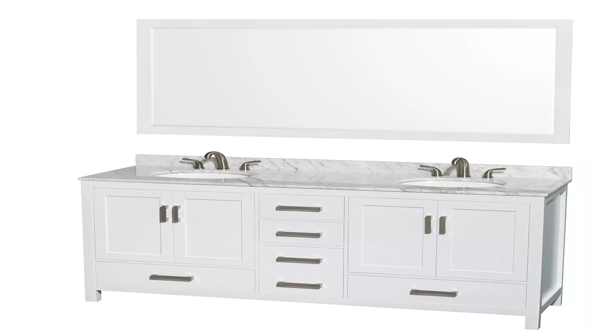 Sheffield 72 Inch Double Bathroom Vanity in White, White Carrara Marble Countertop, Undermount Oval Sinks, and 70 Inch Mirror material