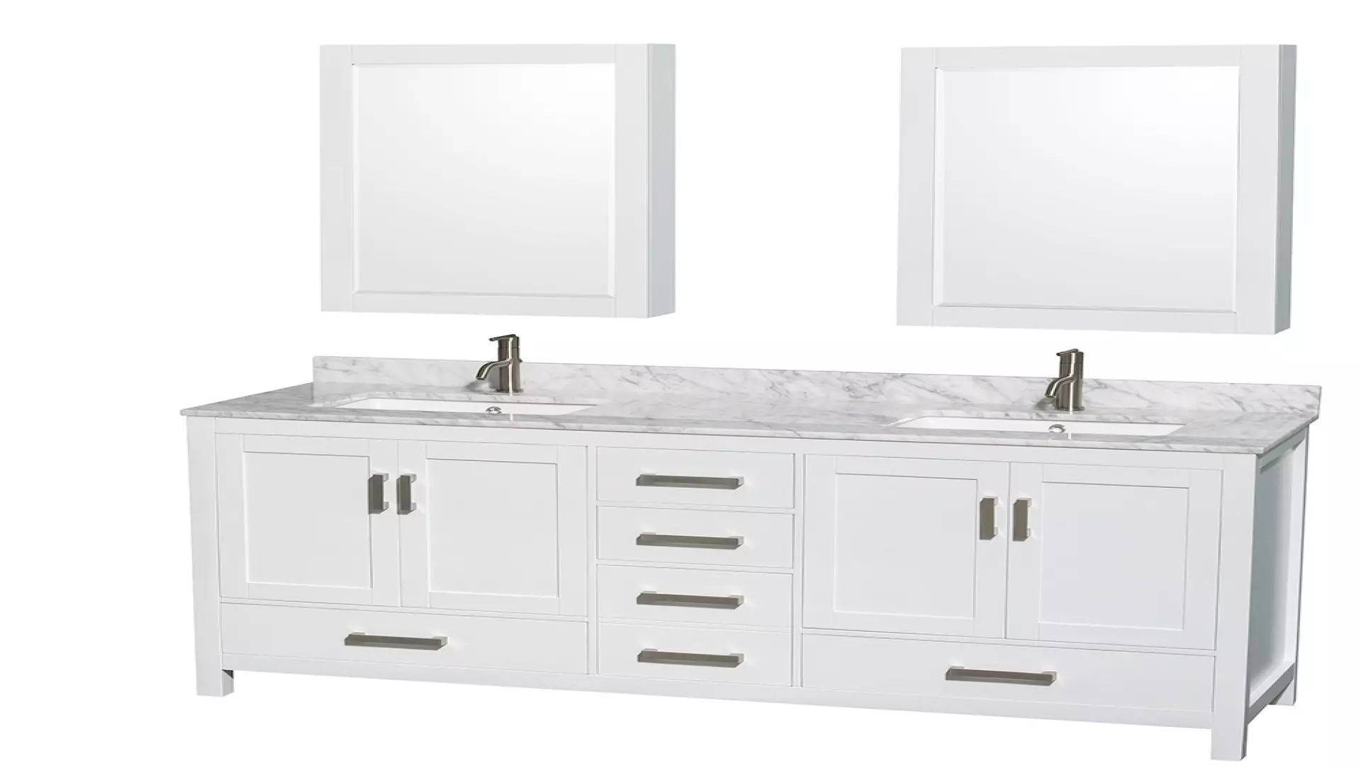 Sheffield 72 Inch Double Bathroom Vanity in White, White Carrara Marble Countertop, Undermount Square Sinks, and Medicine Cabinets material