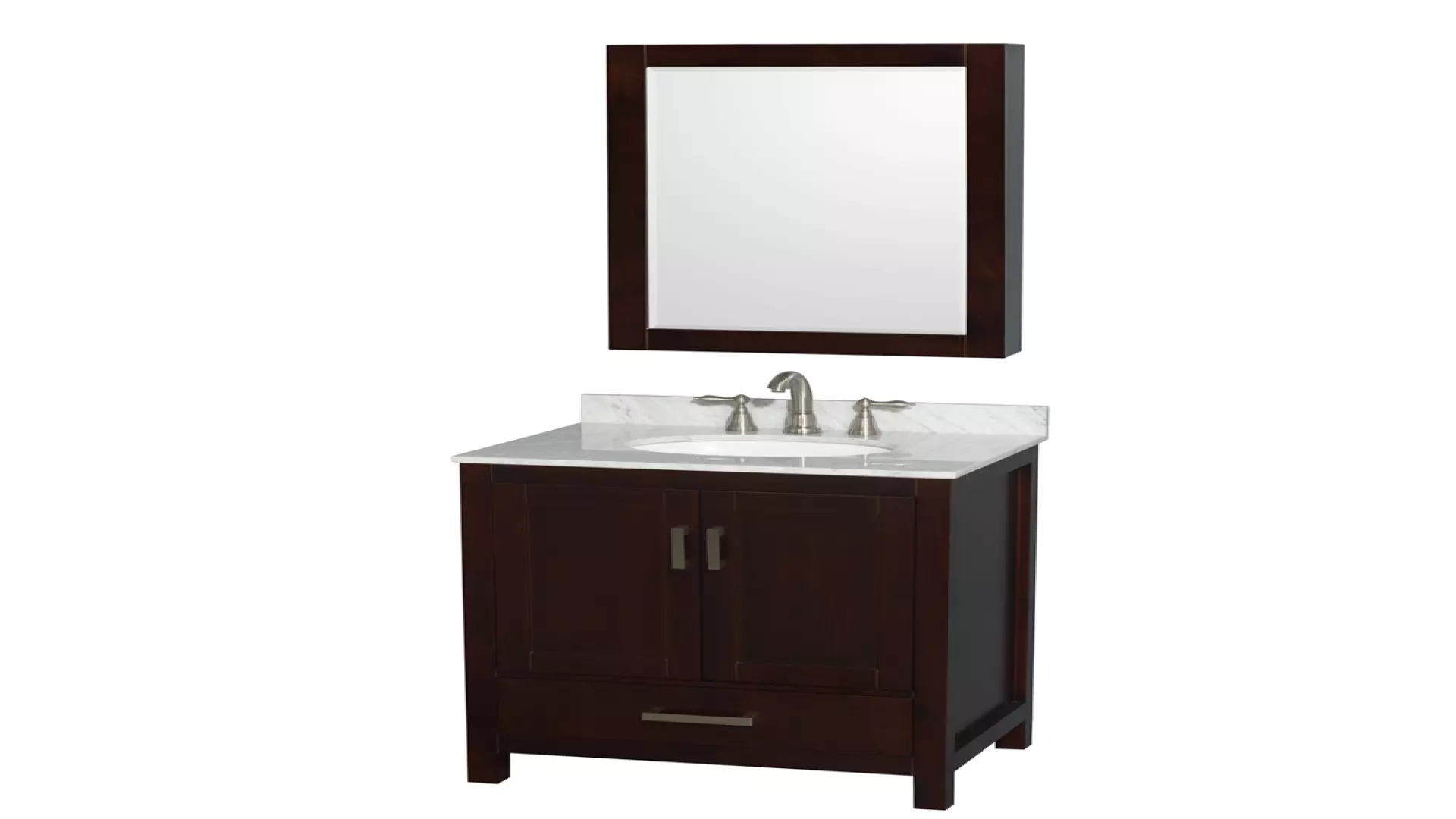 Sheffield 30 Inch Single Bathroom Vanity in Espresso, White Carrara Marble Countertop, Undermount Oval Sink, and Medicine Cabinet material