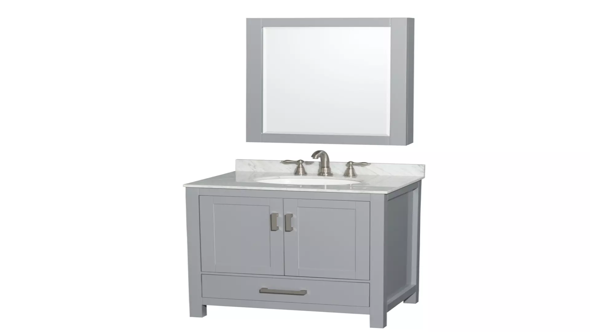 Sheffield 30 Inch Single Bathroom Vanity in Gray, White Carrara Marble Countertop, Undermount Oval Sink, and Medicine Cabinet material