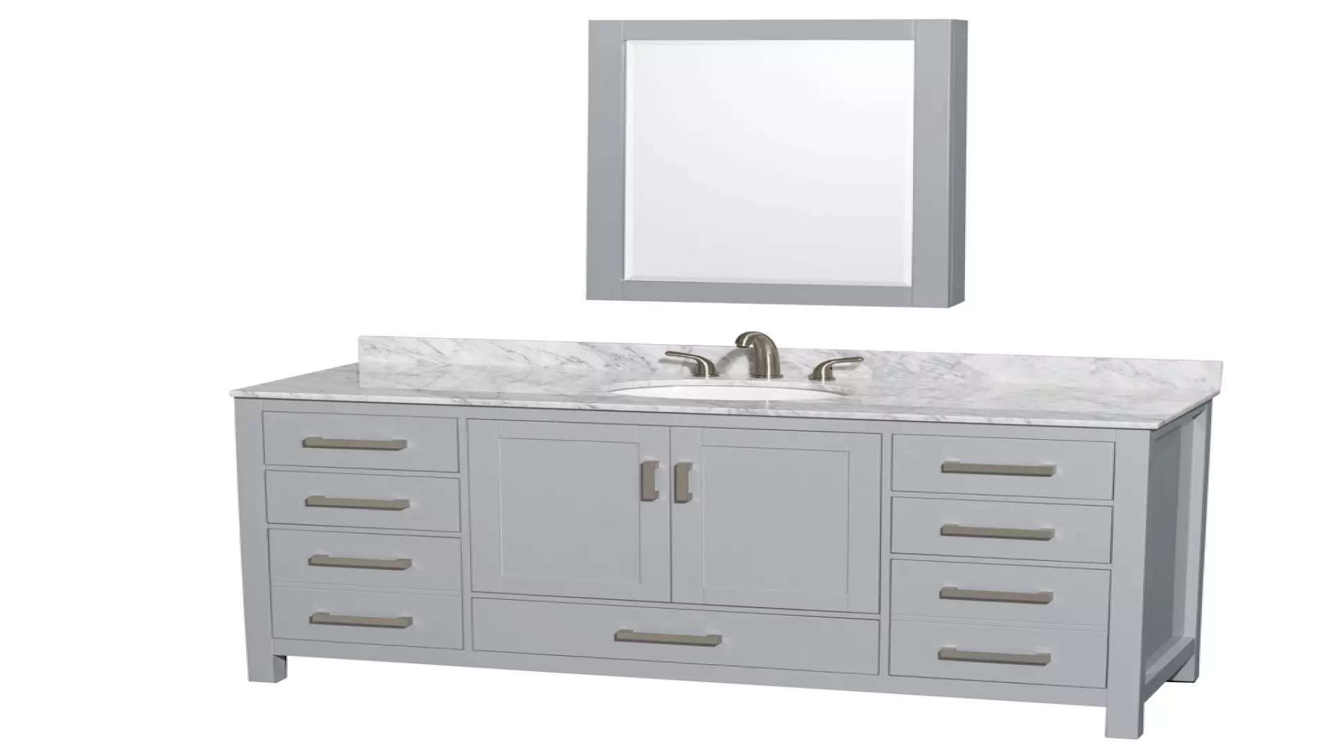 Sheffield 60 Inch Single Bathroom Vanity in Gray, White Carrara Marble Countertop, Undermount Oval Sink, and Medicine Cabinet material