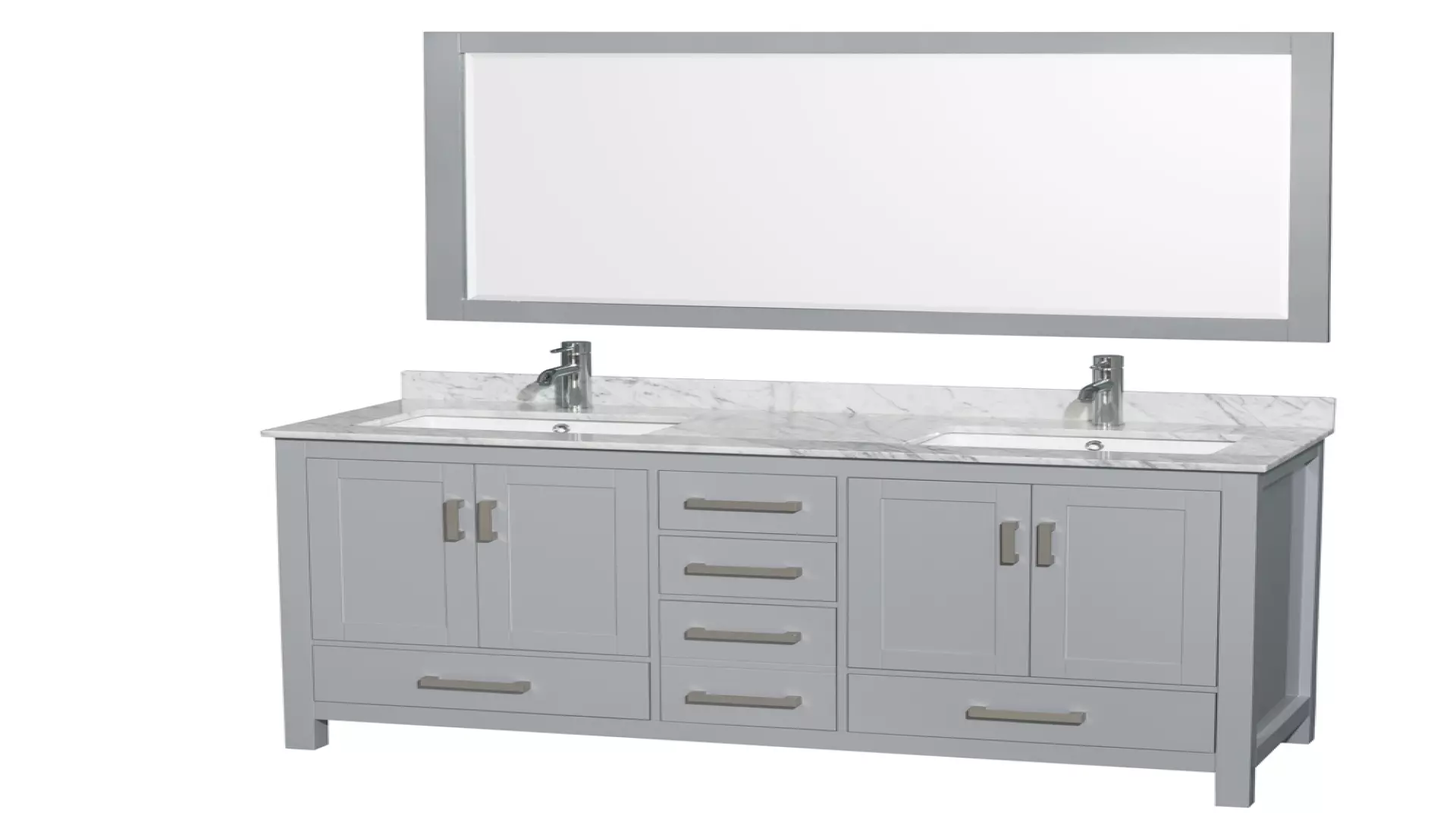 Sheffield 60 Inch Double Bathroom Vanity in Gray, White Carrara Marble Countertop, Undermount Square Sinks, and 58 Inch Mirror material