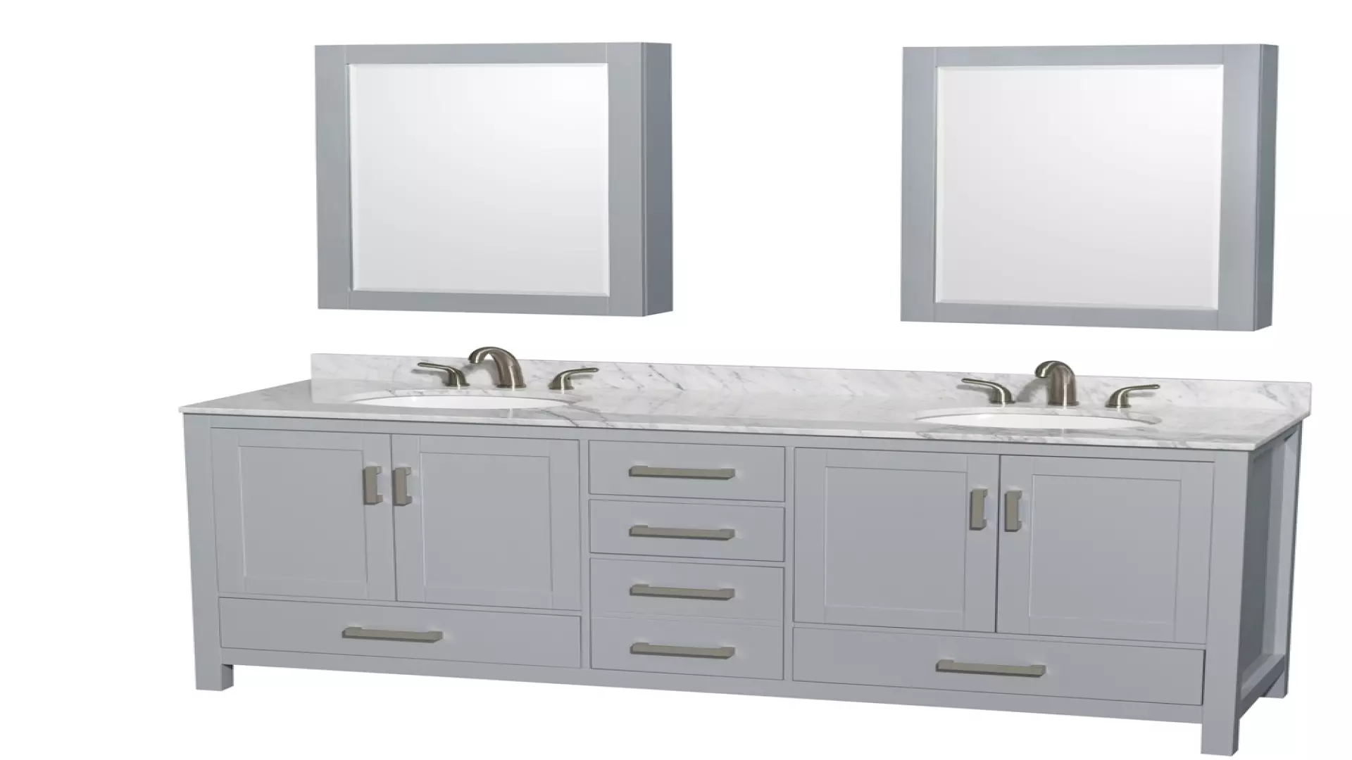 Sheffield 72 Inch Double Bathroom Vanity in Gray, White Carrara Marble Countertop, Undermount Oval Sinks, and Medicine Cabinets material
