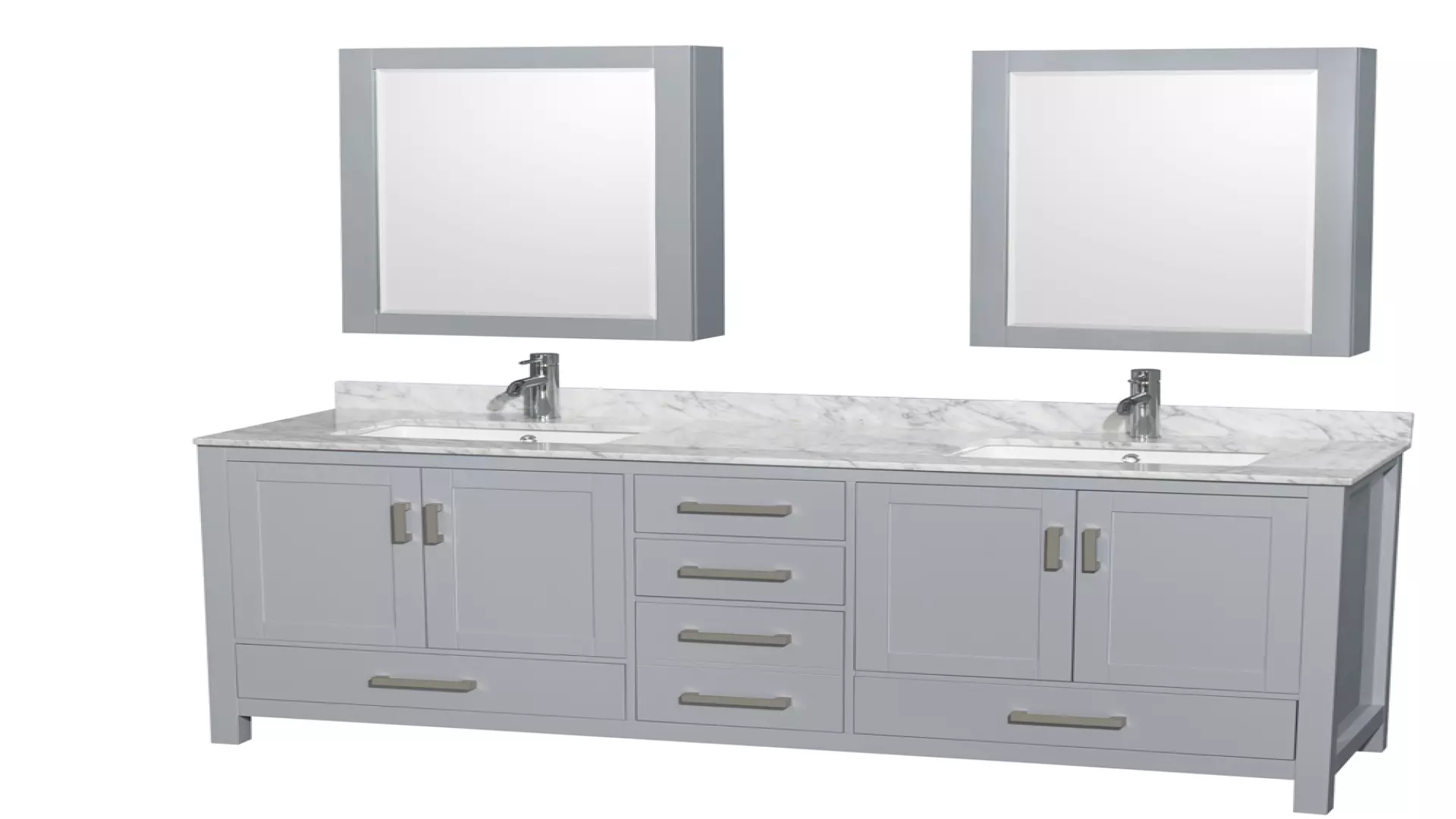 Sheffield 72 Inch Double Bathroom Vanity in Gray, White Carrara Marble Countertop, Undermount Square Sinks, and Medicine Cabinets material