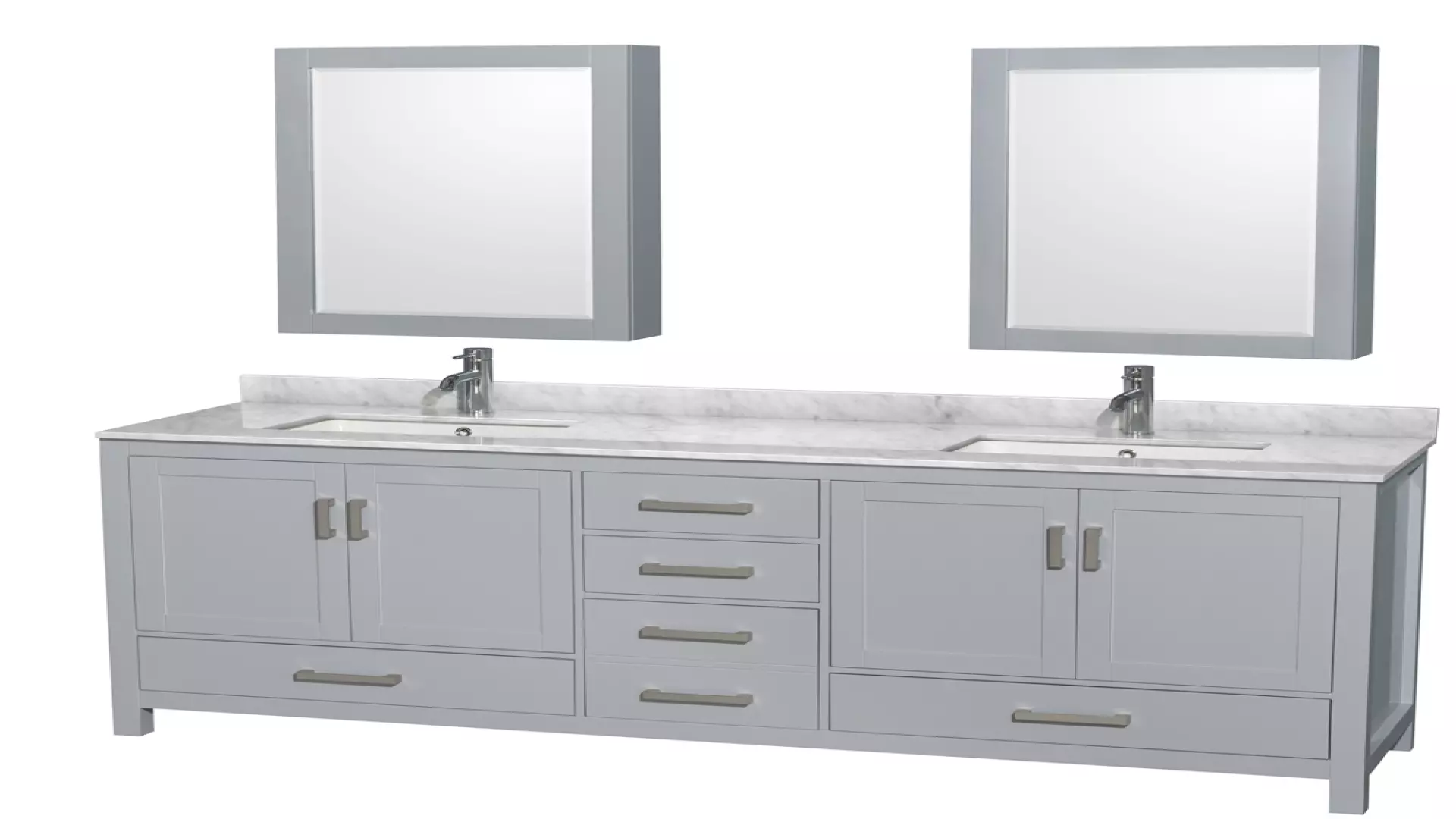 Sheffield 80 Inch Double Bathroom Vanity in Gray, White Carrara Marble Countertop, Undermount Square Sinks, and Medicine Cabinets material