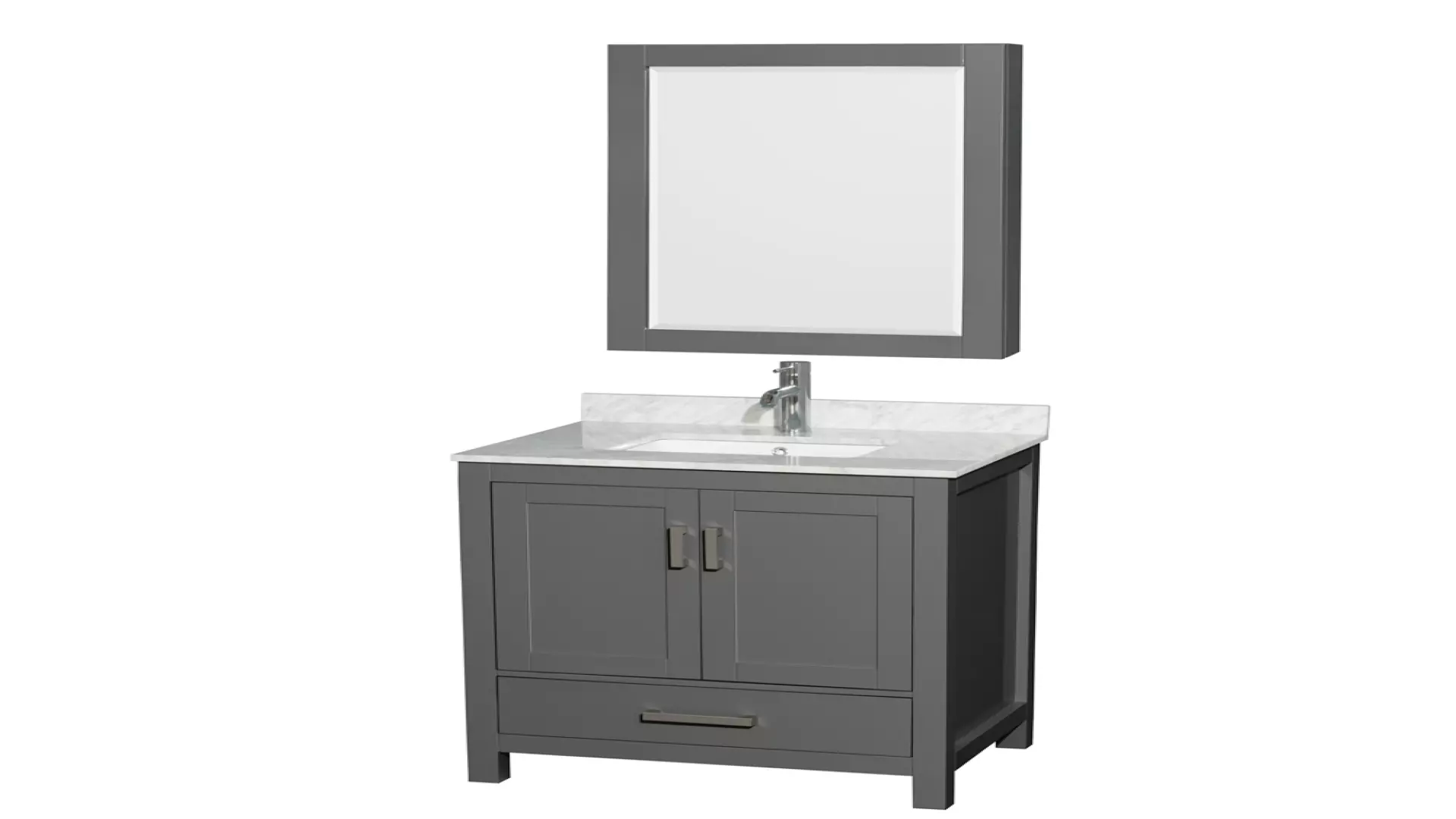 Sheffield 30 Inch Single Bathroom Vanity in Dark Gray, White Carrara Marble Countertop, Undermount Square Sink, and Medicine Cabinet material