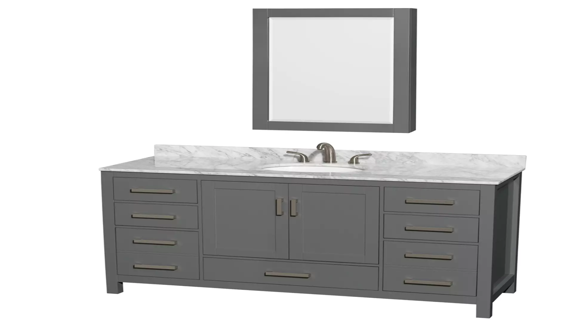 Sheffield 60 Inch Single Bathroom Vanity in Dark Gray, White Carrara Marble Countertop, Undermount Oval Sink, and Medicine Cabinet material