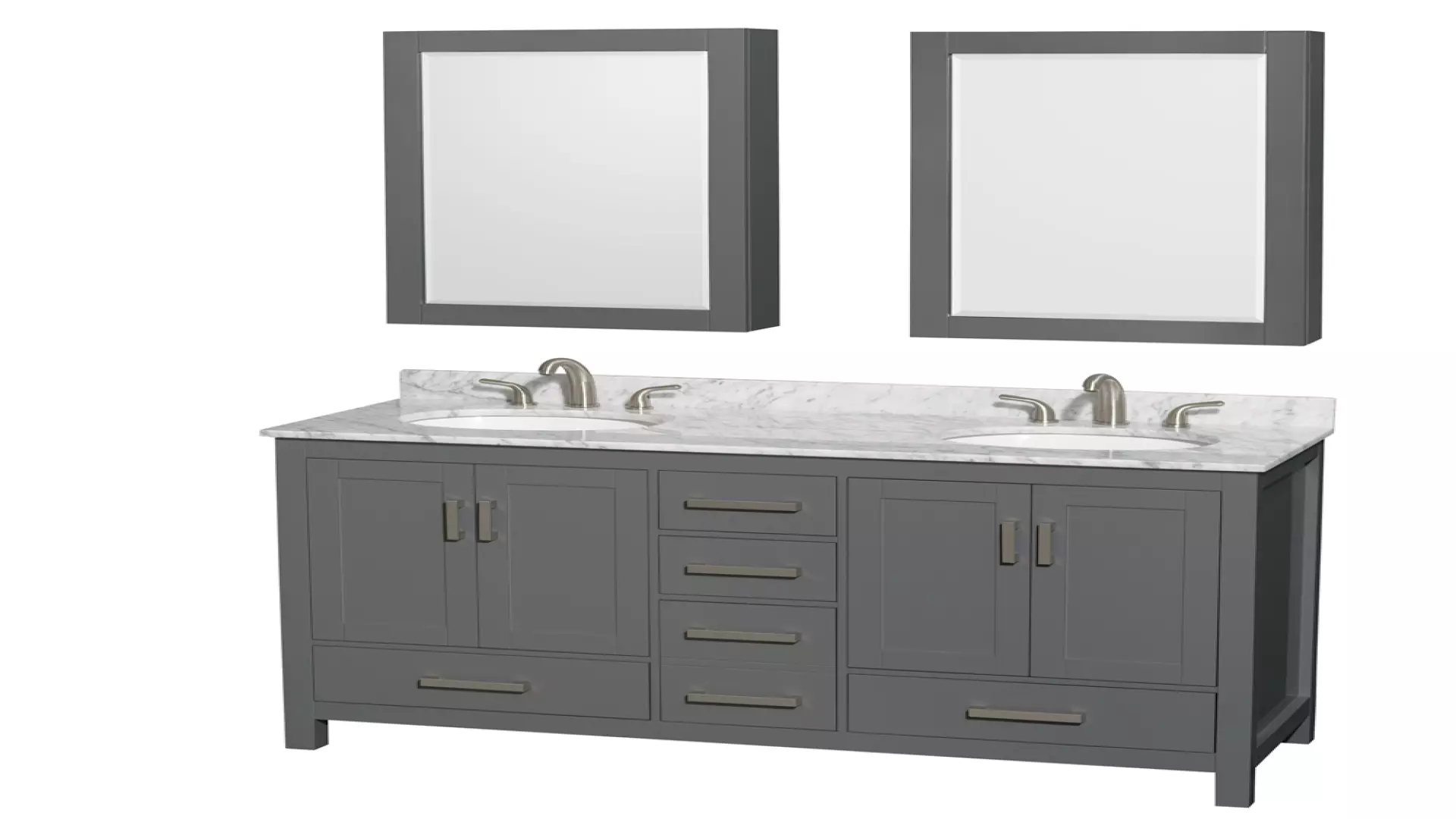 Sheffield 60 Inch Double Bathroom Vanity in Dark Gray, White Carrara Marble Countertop, Undermount Oval Sinks, and Medicine Cabinets material