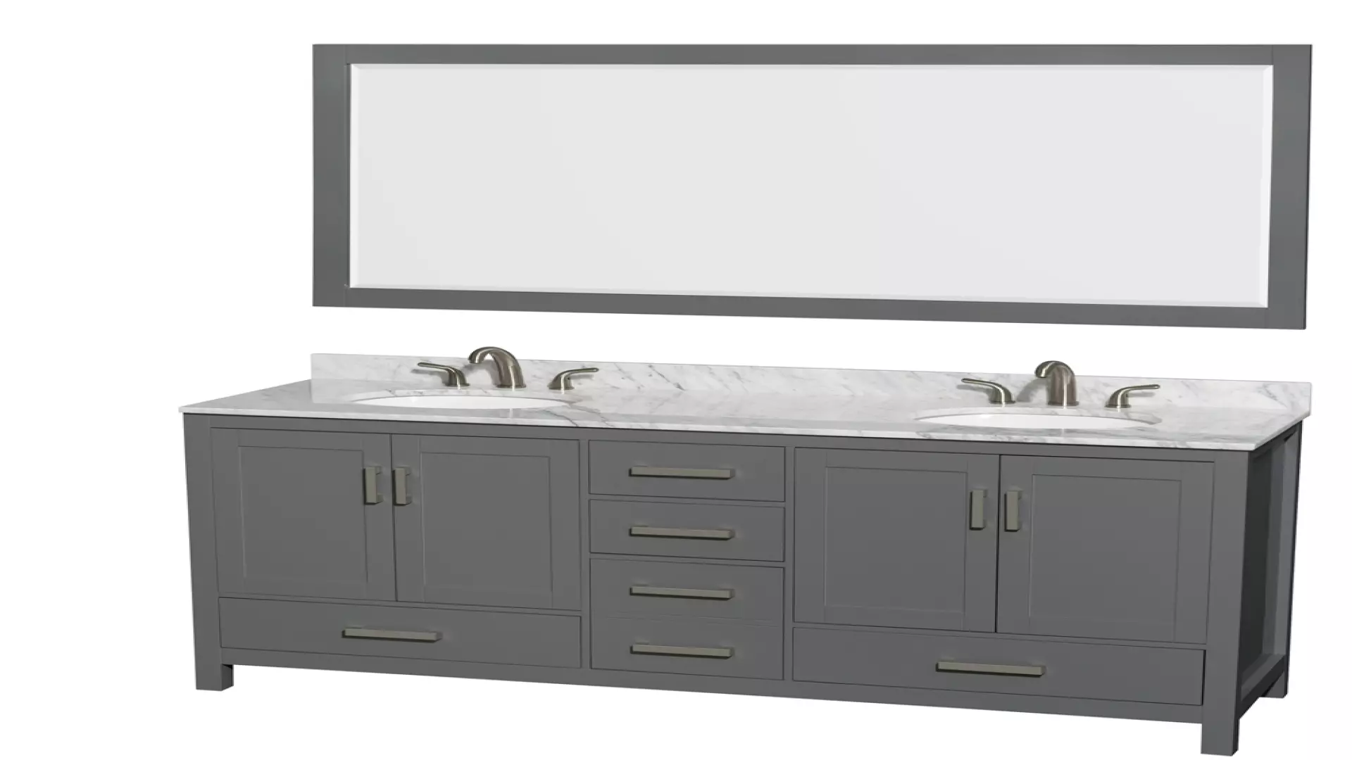 Sheffield 72 Inch Double Bathroom Vanity in Dark Gray, White Carrara Marble Countertop, Undermount Oval Sinks, and 70 Inch Mirror material