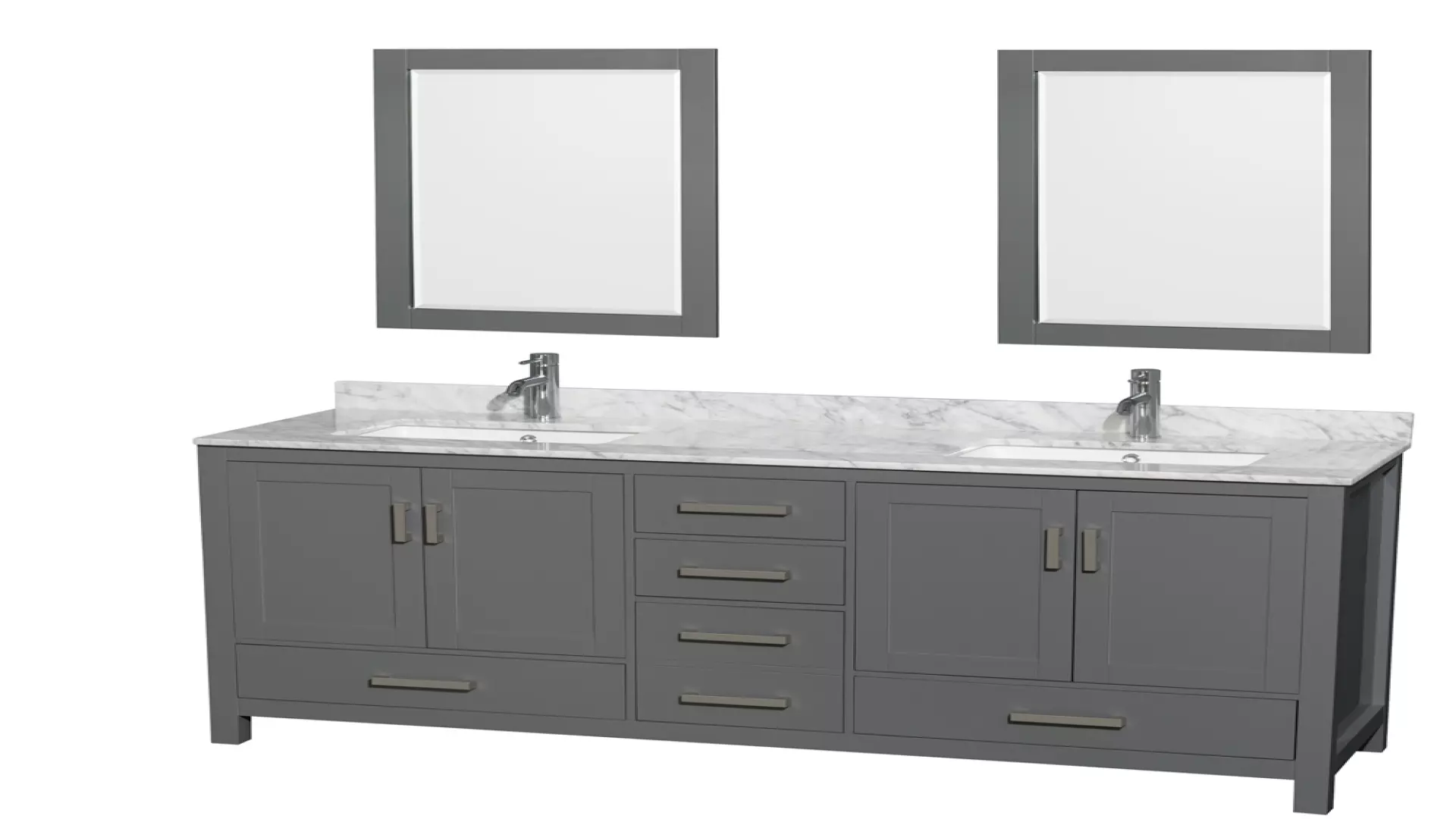 Sheffield 72 Inch Double Bathroom Vanity in Dark Gray, White Carrara Marble Countertop, Undermount Square Sinks, and 24 Inch Mirrors material