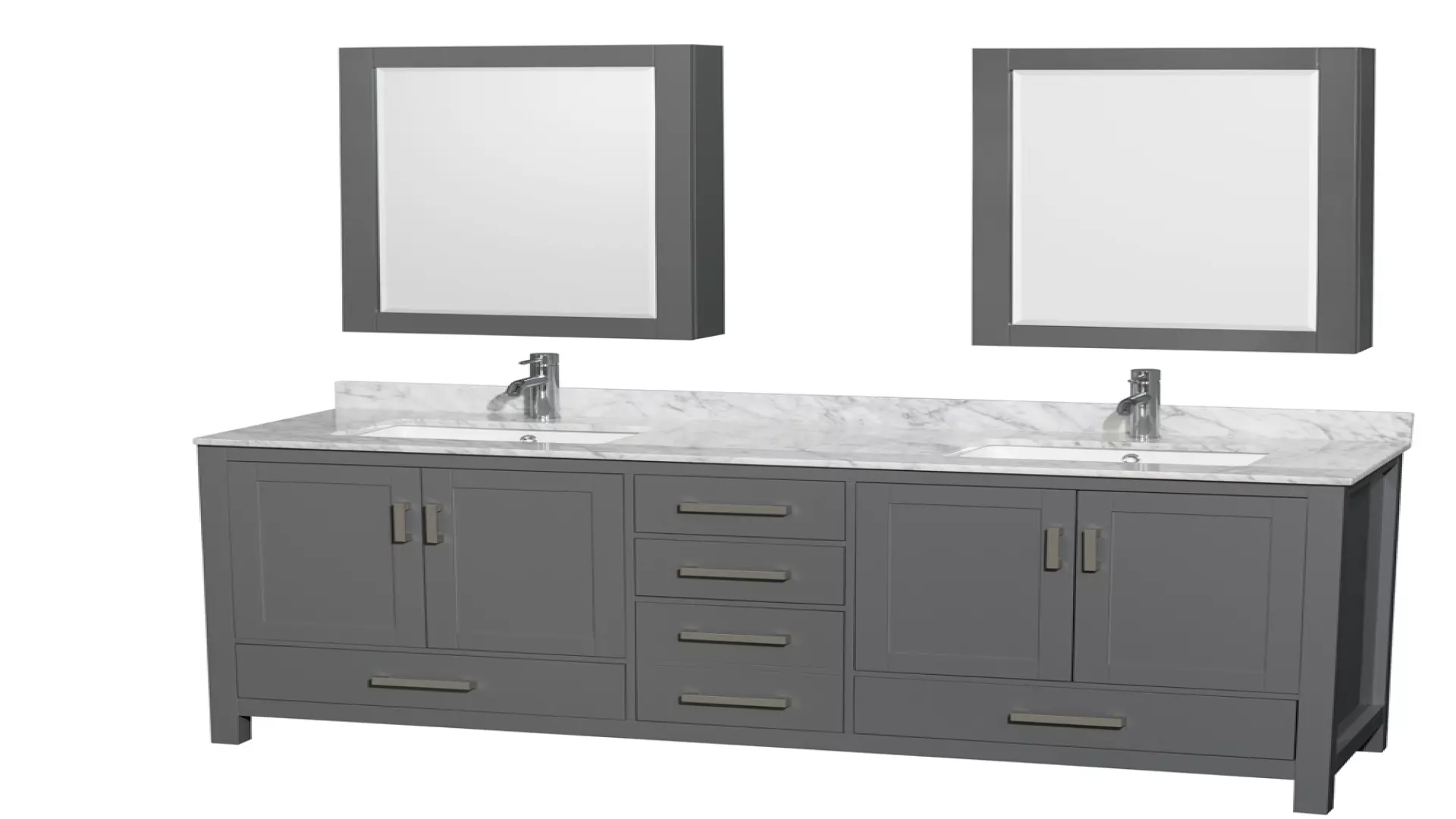 Sheffield 72 Inch Double Bathroom Vanity in Dark Gray, White Carrara Marble Countertop, Undermount Square Sinks, and Medicine Cabinets material